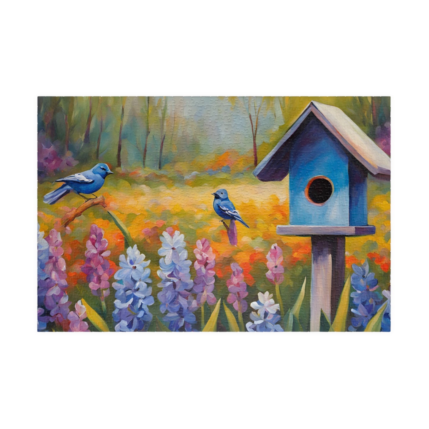 Jigsaw Puzzle, Charming Wooden Birdhouse Surrounded by Blooming Hyacinths and Birds, Mindfulness Activity, Indoor Entertainment, Family 1014 pcs (Horizontal) Puzzle The Puzzle Chest