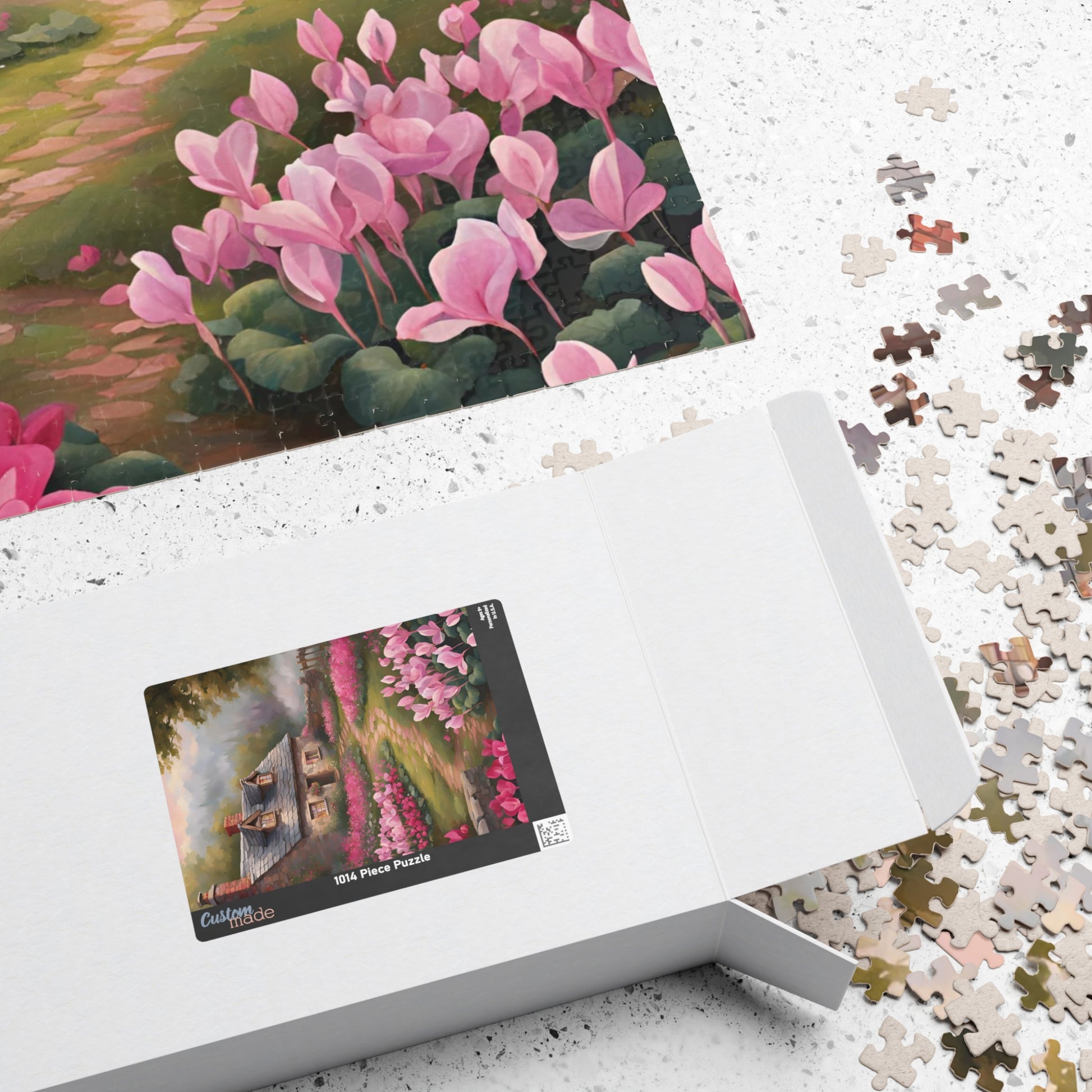 Enchanted Stone Cottage Puzzle, Thatched Roof Home Blooming Cyclamen Meadow, Idyllic Countryside Pink Purple Floral Landscape Game, Giftable Puzzle The Puzzle Chest