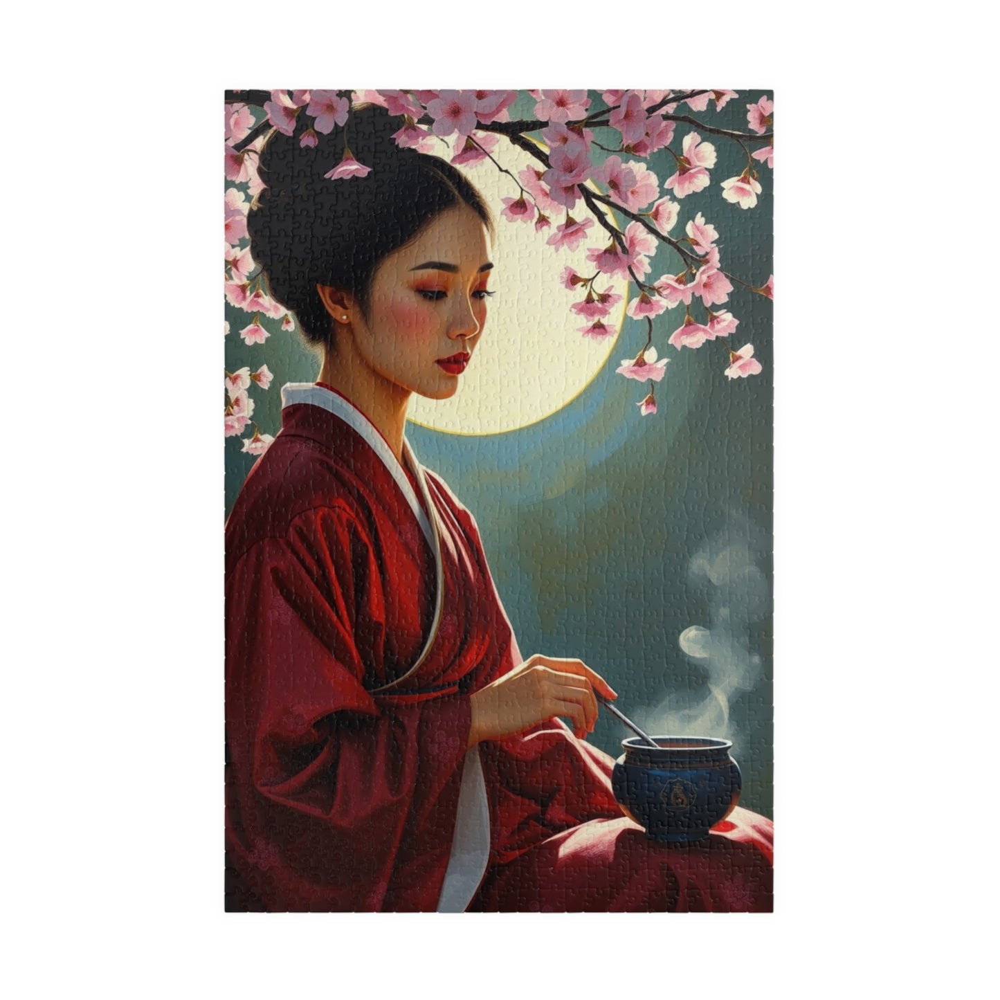 East Asian Cultural Jigsaw Puzzle (110-1014 Piece), Elegant Hanbok-Clad Woman, Traditional Tea Ceremony Under Cherry Blossom Tree, Best Gift 1014 pcs (Vertical) Puzzle The Puzzle Chest