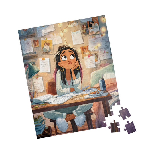 Funny Homework Cartoon Puzzle - Watercolor Jigsaw Game, Teen Girl Struggling at Desk 110 pcs (Vertical) Puzzle The Puzzle Chest