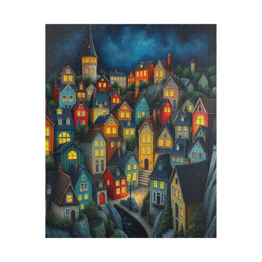 Village Puzzle at Night with Colorful Houses and Glowing Windows 520 pcs (Vertical) Puzzle The Puzzle Chest