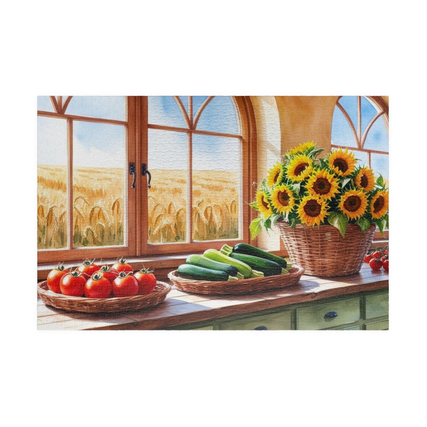 Summer Harvest Puzzle, Farmhouse Kitchen Jigsaw Game, 110 252 520 1014-Piece - Tomatoes Zucchini Sunflowers Golden Wheat Fields 1014 pcs (Horizontal) Puzzle The Puzzle Chest