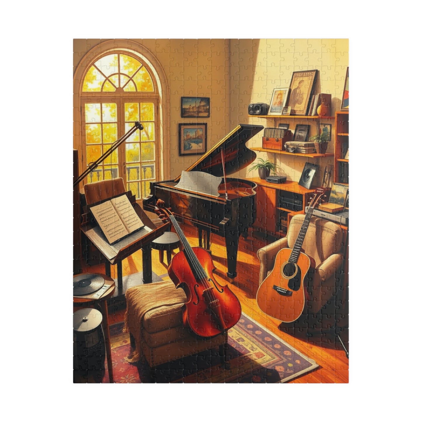 Music Room Puzzle, Grand Piano Violin Guitar and Record Player, Cozy Artistic Studio Musical Retreat Adult Jigsaw Game, Puzzle Lover Gift