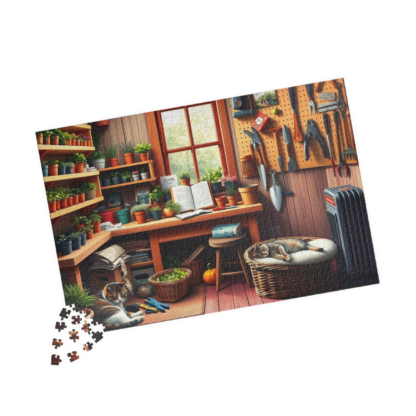 Quaint Garden Workshop Puzzle with Herbs, Tools, and Tabby Cats, Challenging Jigsaw Game, Plant Gardening Lover Best Unique Gift, Mindful Puzzle The Puzzle Chest