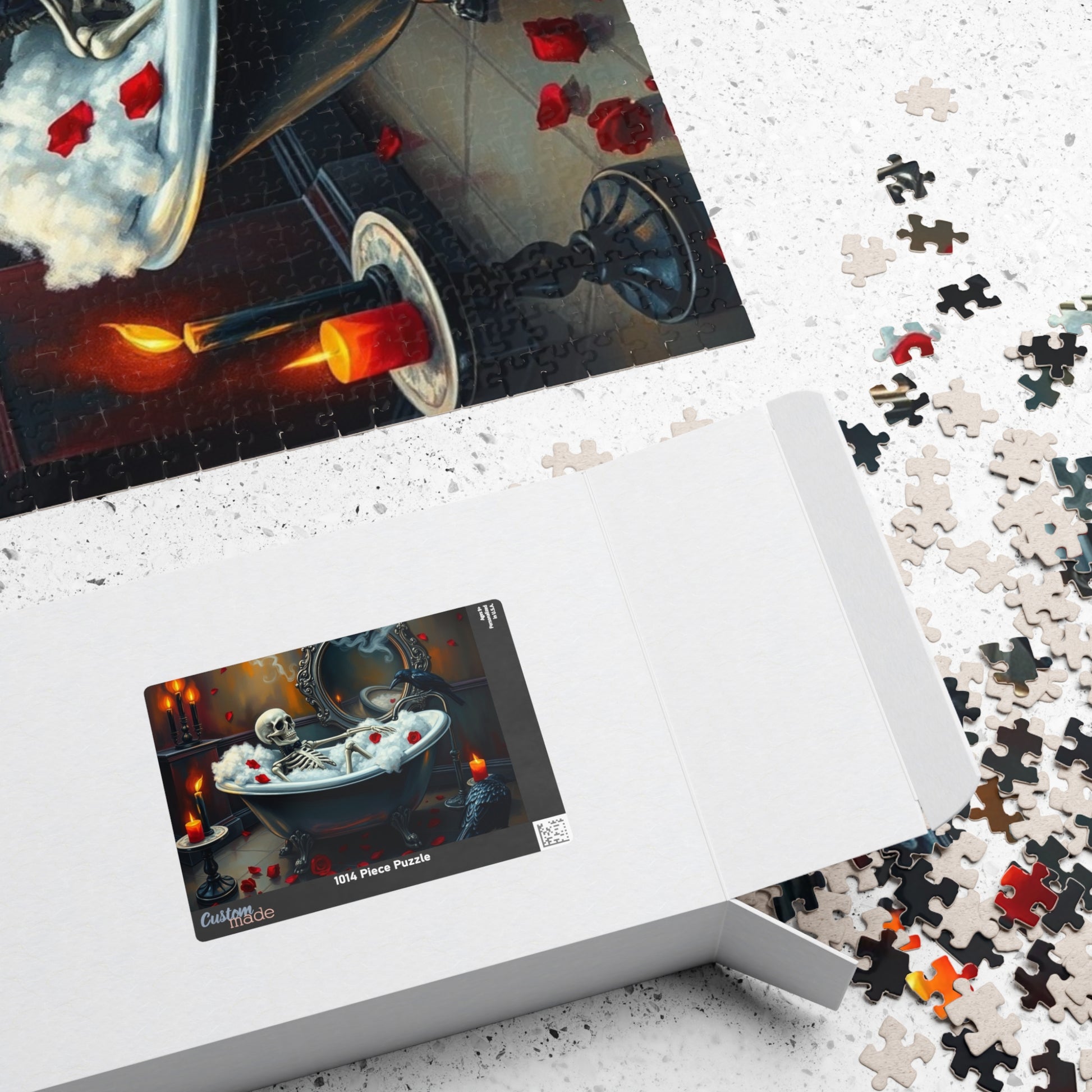 Creepy Cute Skeleton Bubblebath Puzzle, Skeleton Relaxing in Clawfoot Tub with Raven and Roses, Halloween Jigsaw for Spooky Puzzle Lovers Puzzle The Puzzle Chest