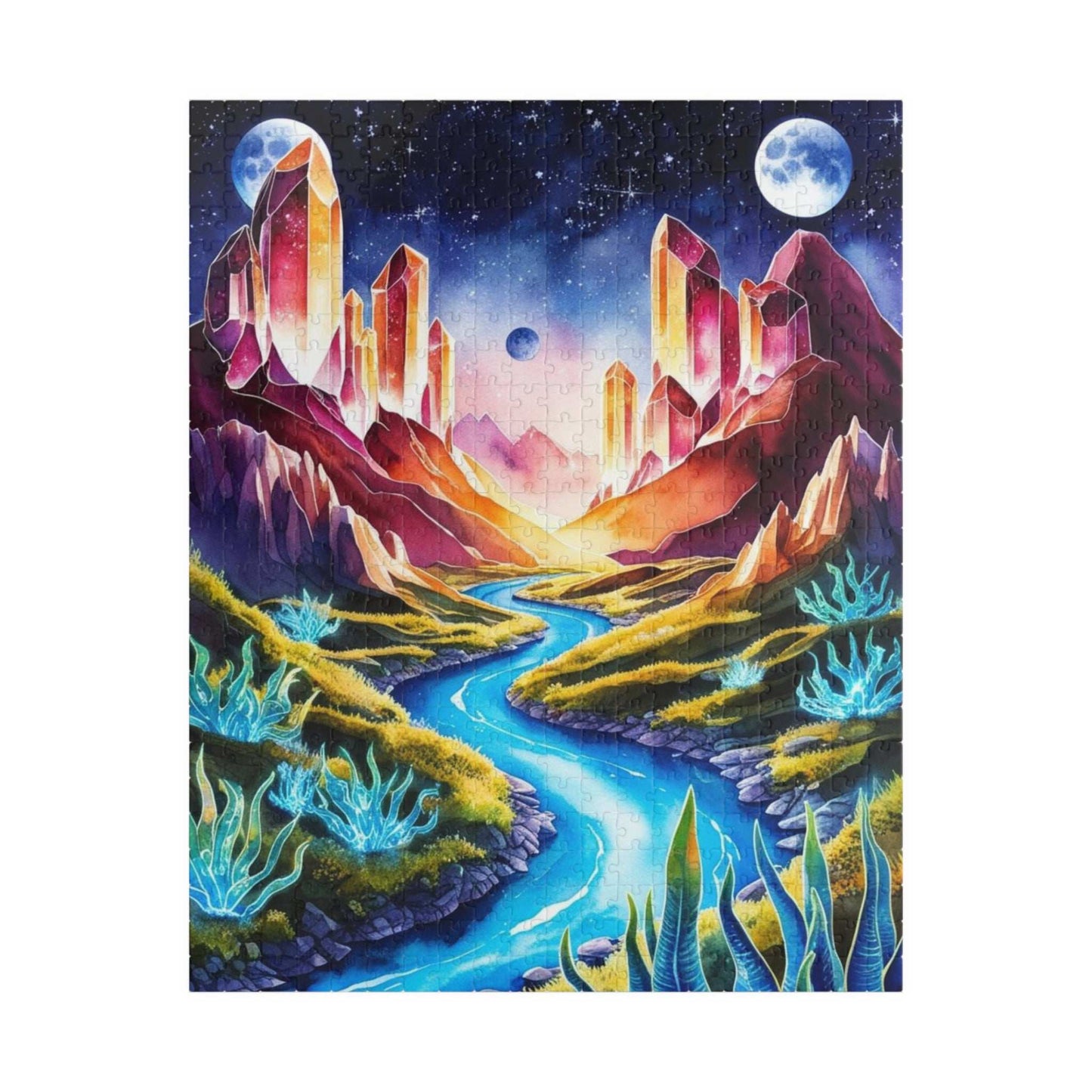 Space Puzzle - Alien Planet Landscape, Crystal Mountains, Blue Rivers, Two Moons, 520-Piece Jigsaw Game, Astronomy Gift, Galaxy Theme 520 pcs (Vertical) Puzzle The Puzzle Chest