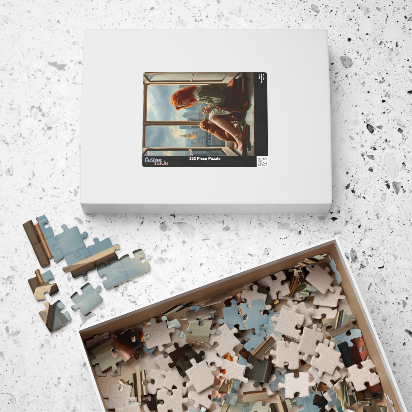 Jigsaw Puzzle, Woman Sitting on Windowsill with Red Hair, Books, Dog, Cityscape, Rainy Sky, 110, 252, 520, 1014-Piece - Relaxing Indoor Puzzle The Puzzle Chest