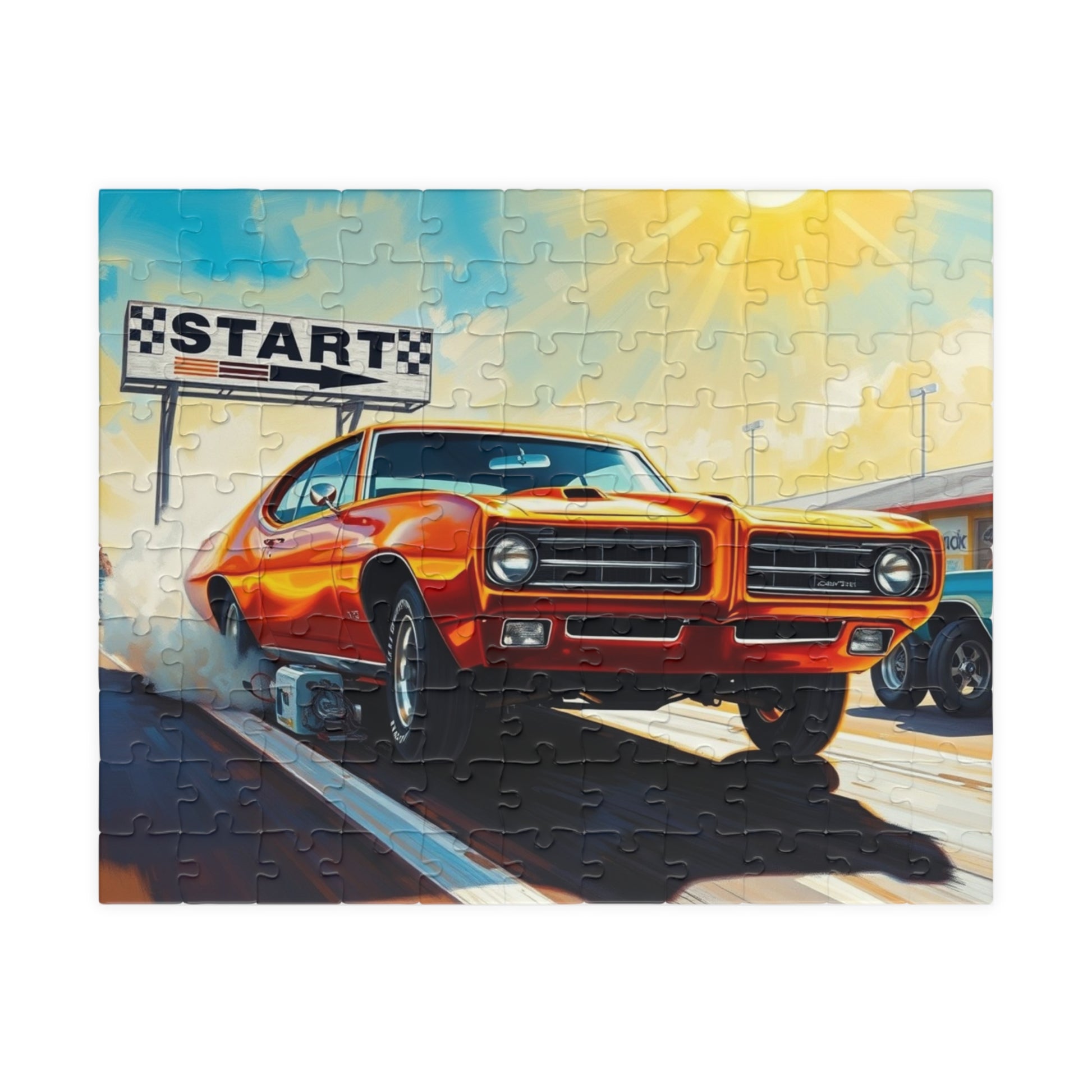 Vintage Muscle Car Puzzle, Classic Metallic Orange 1969 GTO, Drag Race Strip Scene Jigsaw Game for Him 110 pcs (Horizontal) Puzzle The Puzzle Chest