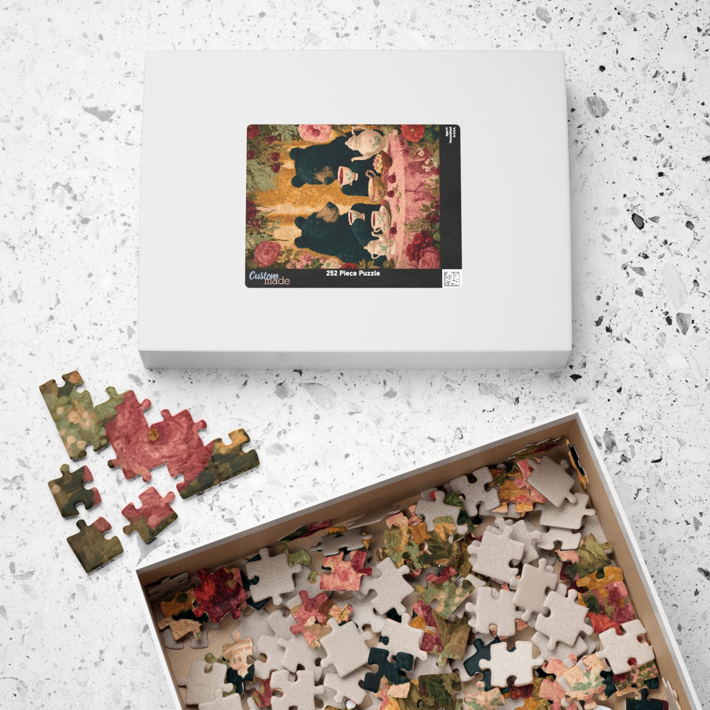 Pretty in Pink – Rosy Bear Tea Party Puzzle with Romantic Cottage Garden Scene, Animal Themed Jigsaw Game Puzzle The Puzzle Chest