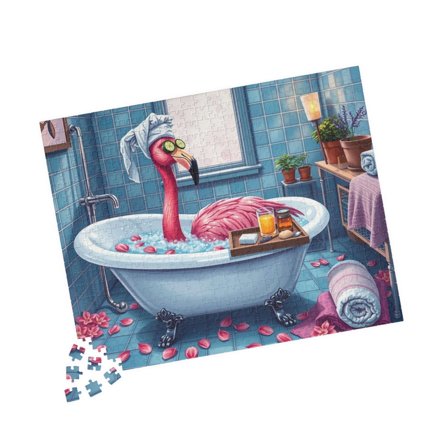 Flamingo Spa Retreat - Cozy Bathroom Puzzle for Adults, Fun Bath Time Art Jigsaw, Unique Gift for Friends, Family Game Night, Brain Teaser