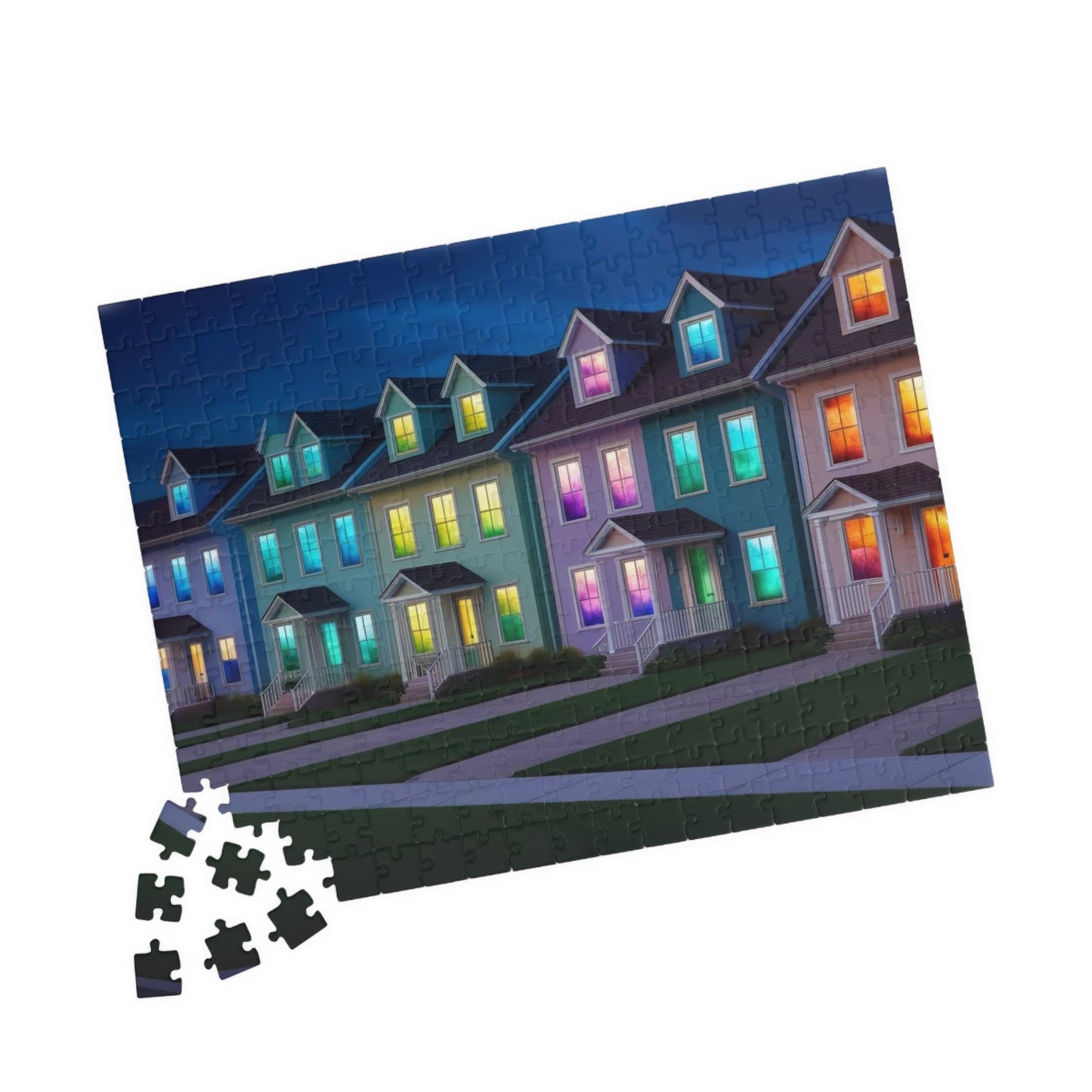 Jigsaw Puzzle, Fantasy Weirdcore Surreal Suburban Neighborhood with Glowing Windows, 110 252 520 1014-piece, Home Decor Game Activity Gift, Puzzle The Puzzle Chest
