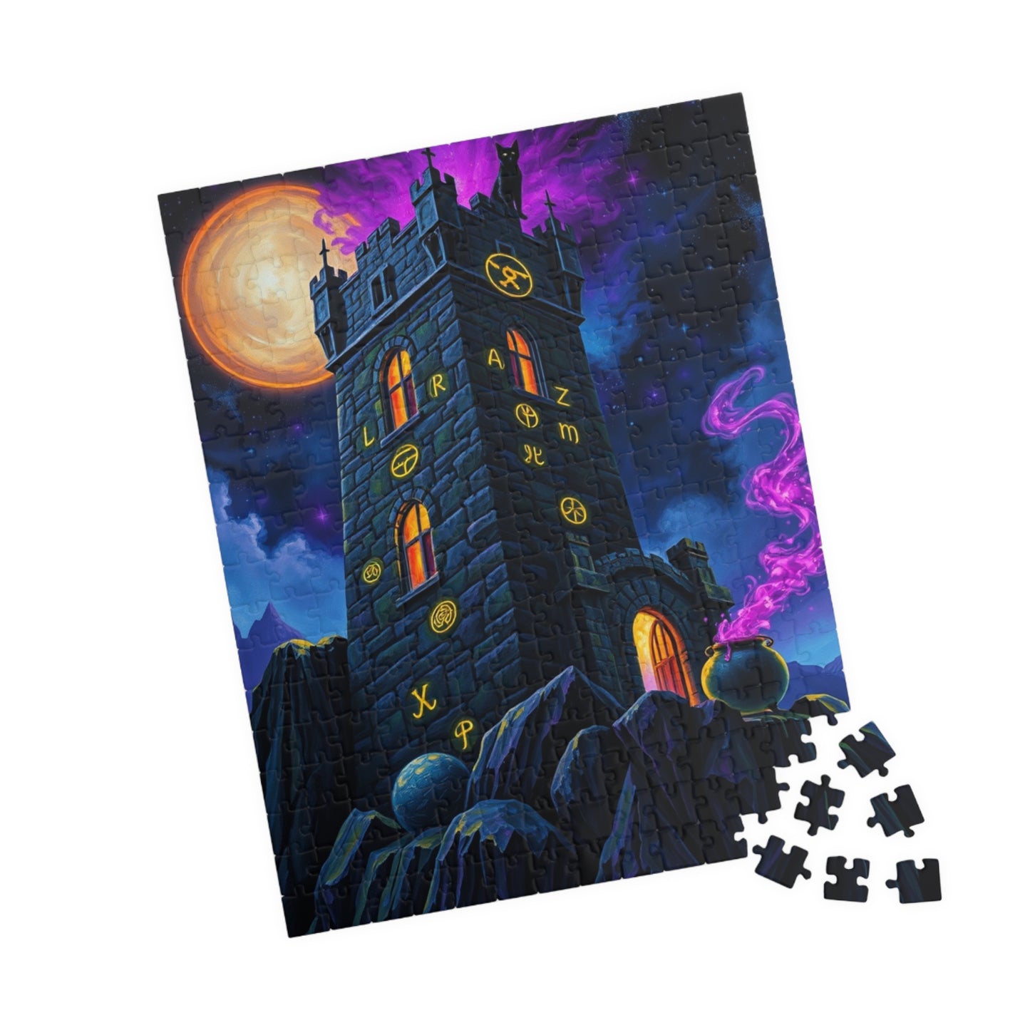 Ethereal Gothic Tower Puzzle, Electric Runes Black Cat Mystical Cauldron and Purple Mist, Magical Symbol Jigsaw Game, Fantasy Art Lover Gift Puzzle The Puzzle Chest