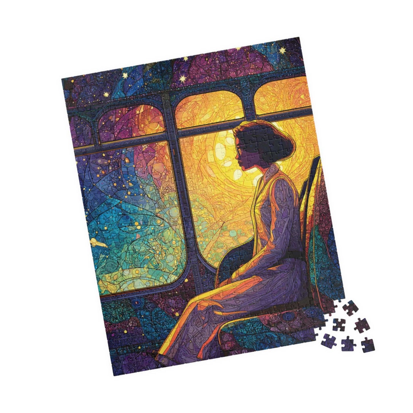 Afrocentric Rosa Parks Puzzle – Black History Figure Jigsaw, Stained Glass Illustration, Civil Rights Hero Artwork, Golden Glow Bus Scene, Abstract Star Patterns 520 pcs (Vertical) Puzzle The Puzzle Chest