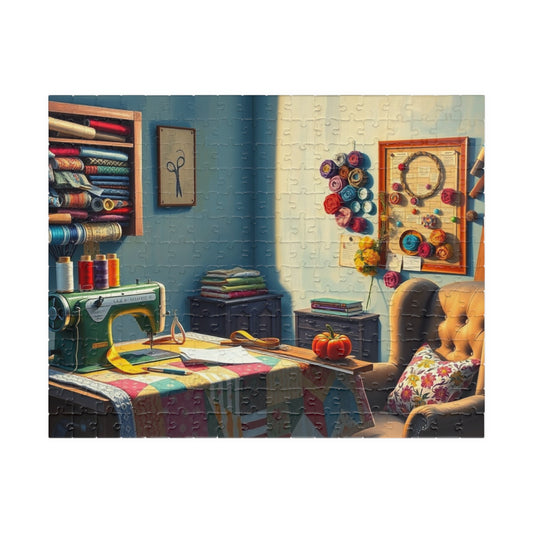 Jigsaw Puzzle, Sewing Room with Vintage Machine, Quilt, Thread, Scissors, Ideal Gift for Sewing Enthusiasts, Home Decor, Relaxation 252 pcs (Horizontal) Puzzle The Puzzle Chest