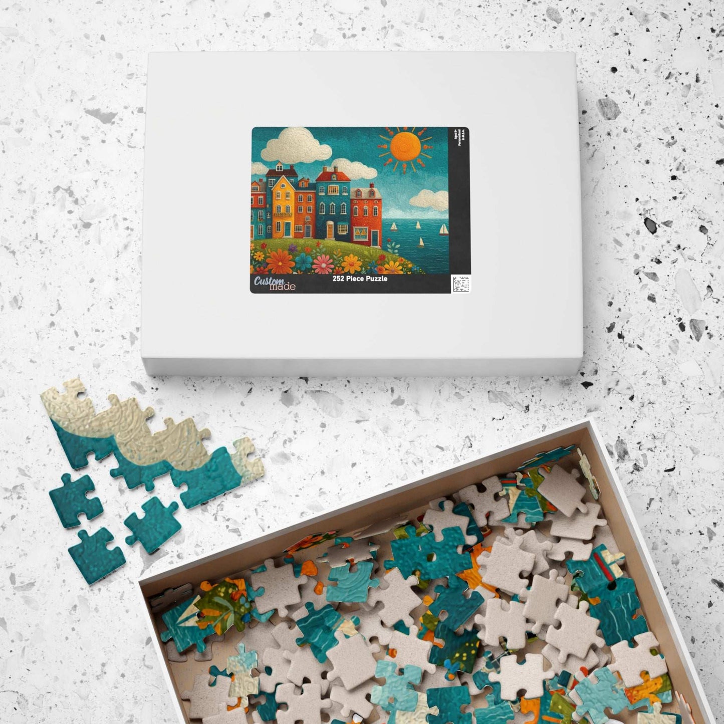 Seaside Village Jigsaw Puzzle - Coastal Ocean Scene, Colorful Beach Town with Bright Flowers, Sailboats, and Sun Puzzle The Puzzle Chest