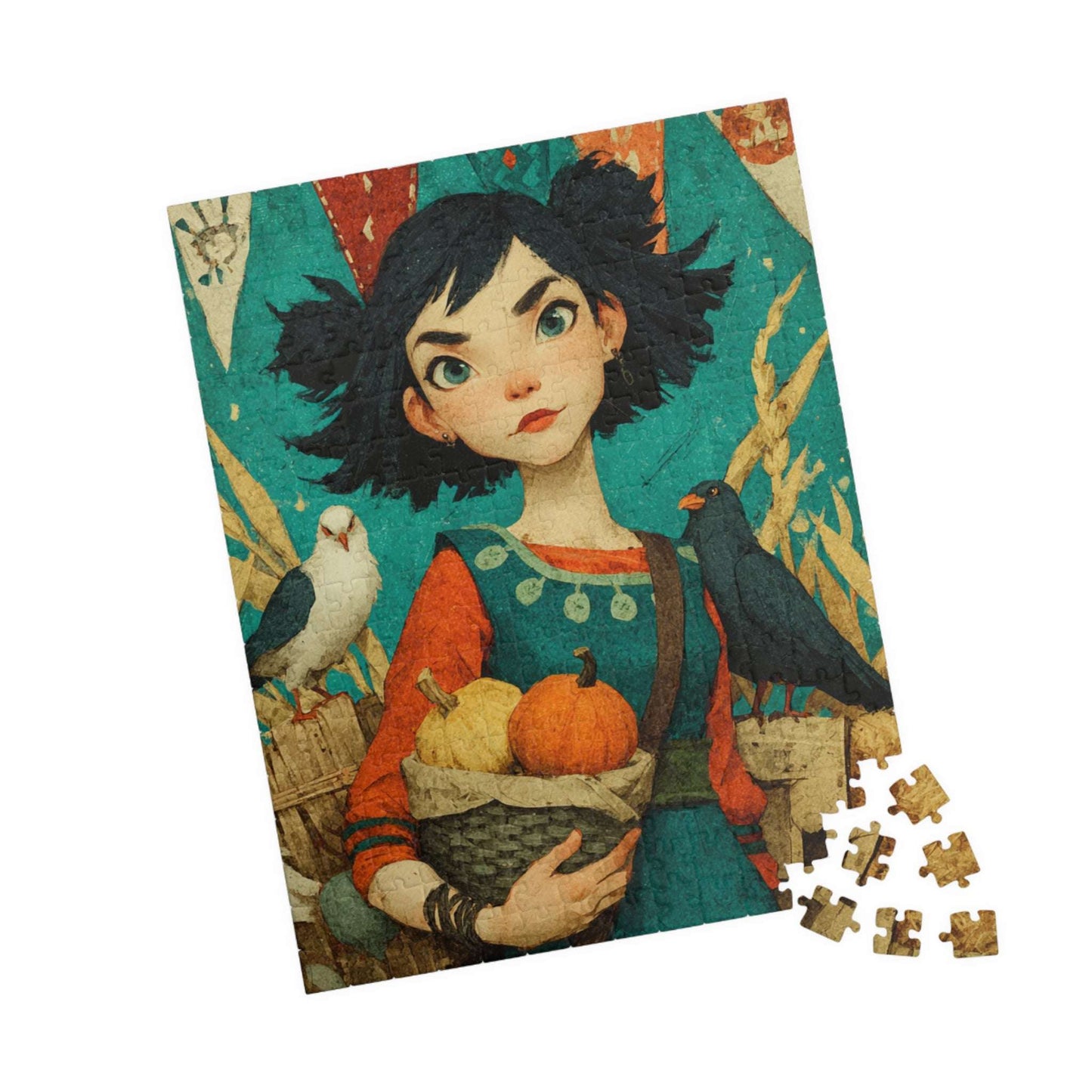 Whimsical Harvest Festival Jigsaw Puzzle - Asian Girl Fairy-Tale Autumn Scene with Doves, Gourds, Hay Bales, Crates, and Festive Banners 252 pcs (Vertical) Puzzle The Puzzle Chest