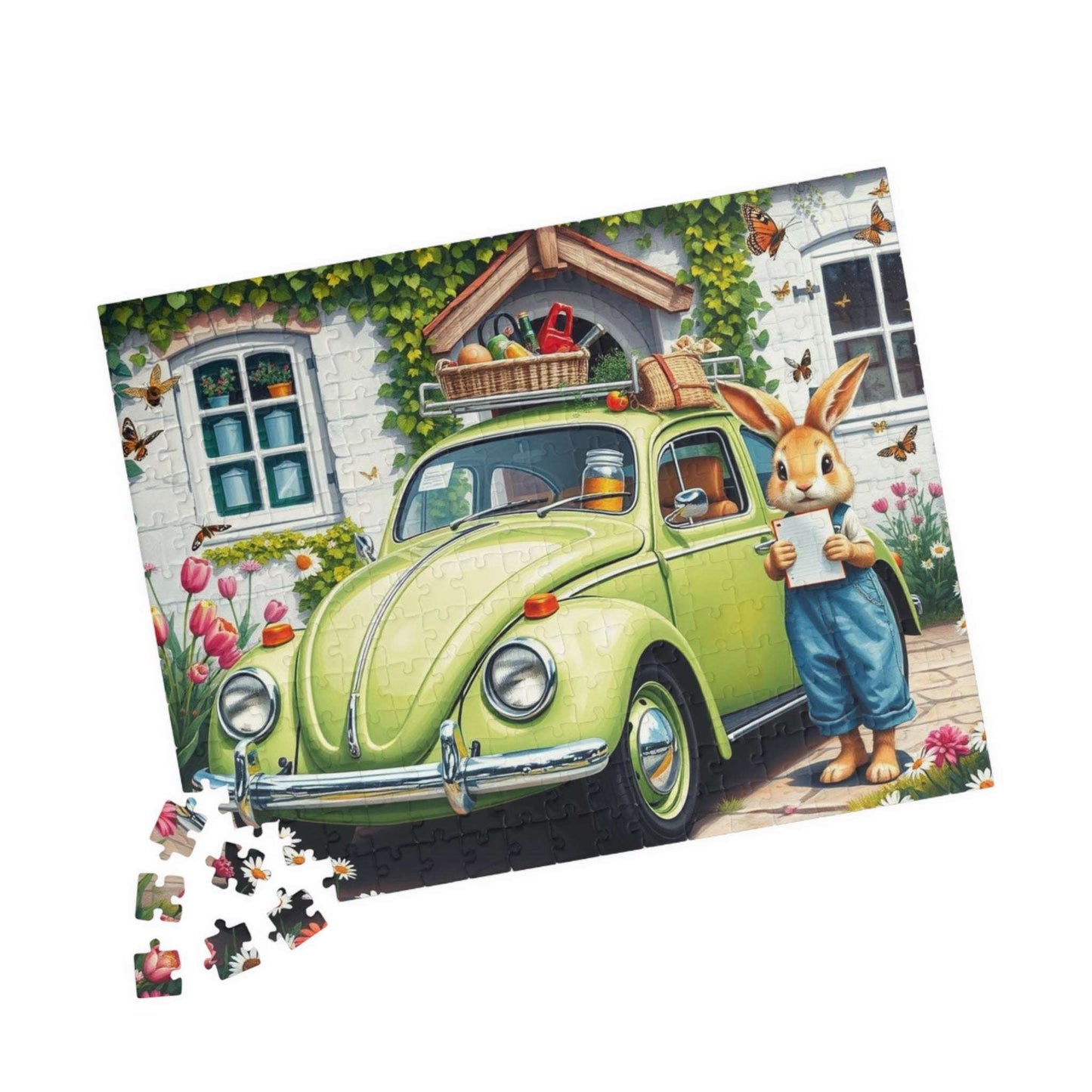 Springtime Garden Delivery Vintage Car Puzzle, Classic Retro Auto Jigsaw Game with Easter Rabbit Puzzle The Puzzle Chest