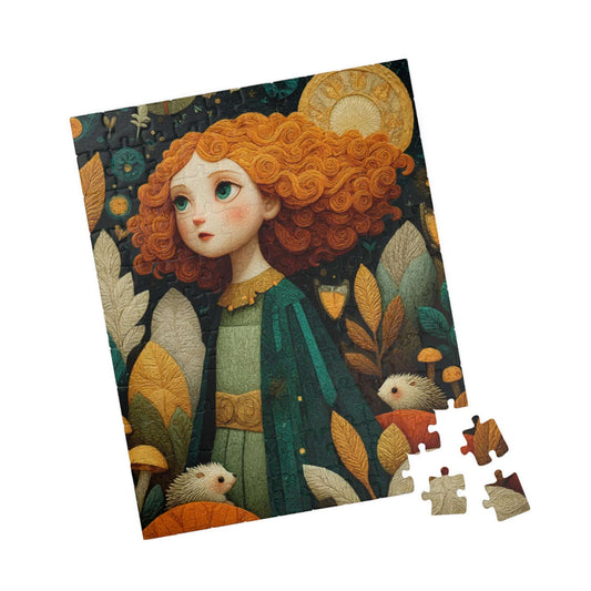 Enchanted Mushroom Grove Jigsaw Puzzle – Whimsical Fairy-Tale Autumn Puzzle for Adults, Girl with Hedgehog 110 pcs (Vertical) Puzzle The Puzzle Chest