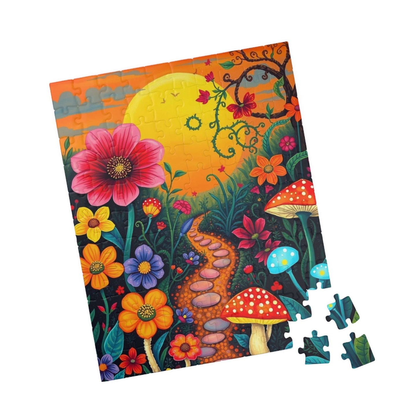 Jigsaw Puzzle, Whimsical Botanical Garden 110, 252, 520, 1014-piece - Flowers, Vines, Mushrooms, Sunset Background, Fantasy Puzzle Puzzle The Puzzle Chest