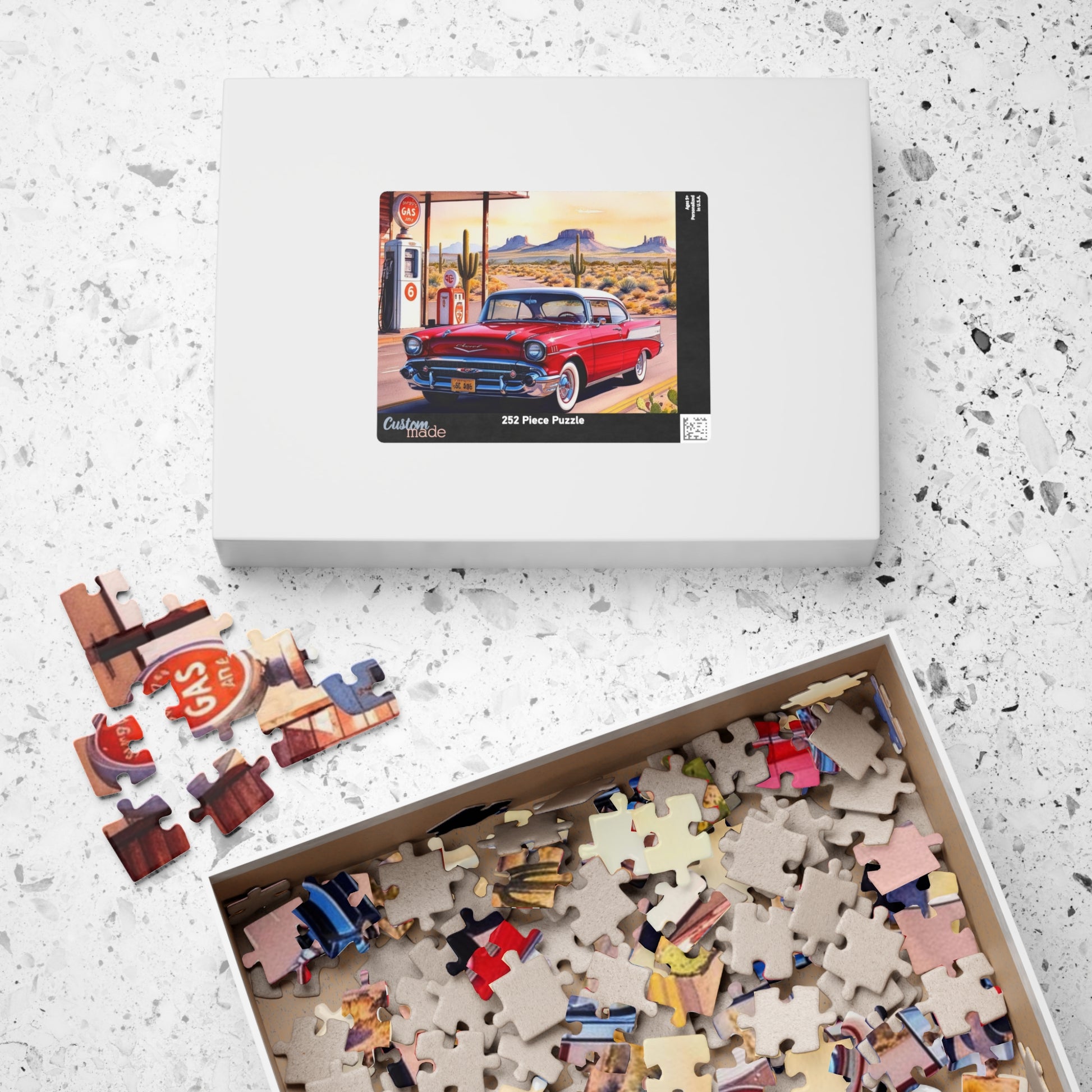 Vintage Vehicle Puzzle, 1957 Bel Air on Route 66 Retro Gas Station Desert Landscape Scenery Puzzle The Puzzle Chest