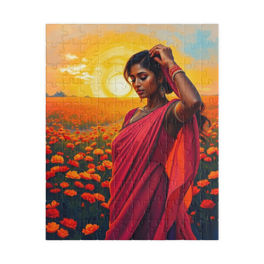 Jigsaw Puzzle, South Asian Woman in Marigold Field Sunset, 110 252 520 1014-Piece, Meditation Relaxation Activity, Mindfulness Gift, Ethnic 110 pcs (Vertical) Puzzle The Puzzle Chest