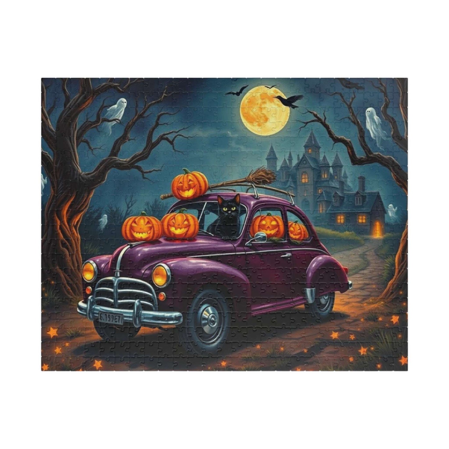 Halloween-Themed Vintage Car Jigsaw Puzzle with Cats, Ghosts and Pumpkins