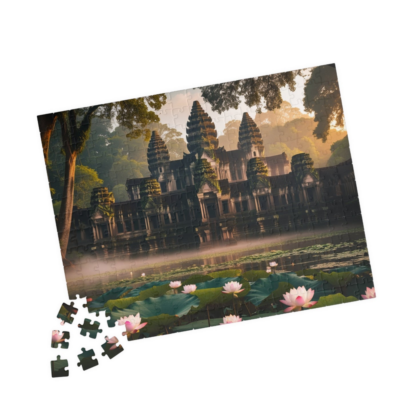 Mystical Angkor Wat Temple Jigsaw Puzzle with Lotus Flowers, Asian Ancient Temple Family Game, History Enthusiast Puzzle Lover Gift Puzzle The Puzzle Chest