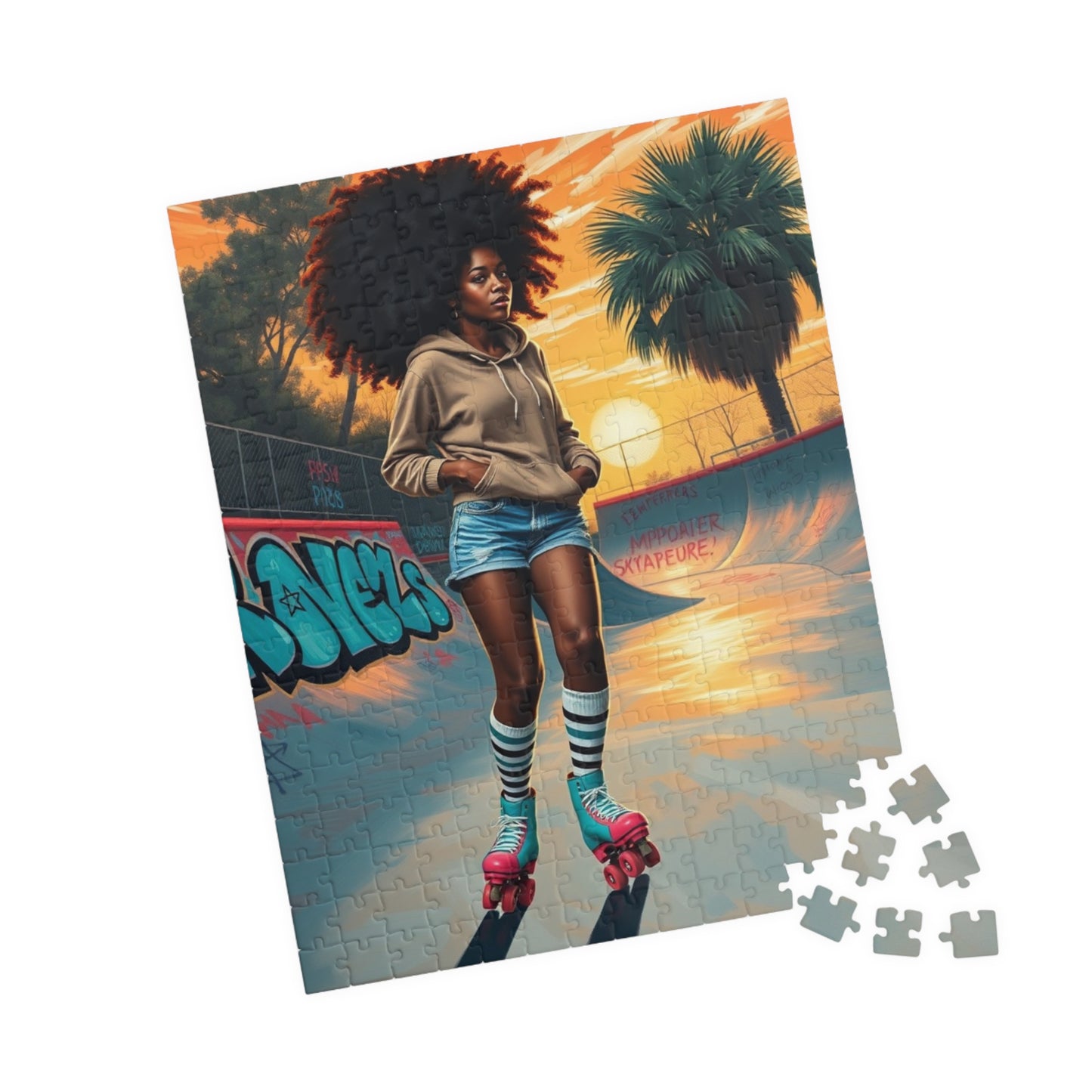 Skateboarder Jigsaw Puzzle, Retro Vibe African American Woman, Nostalgic Gift for Adults, Unique Game for Fun Family Night, Puzzle Lover Puzzle The Puzzle Chest