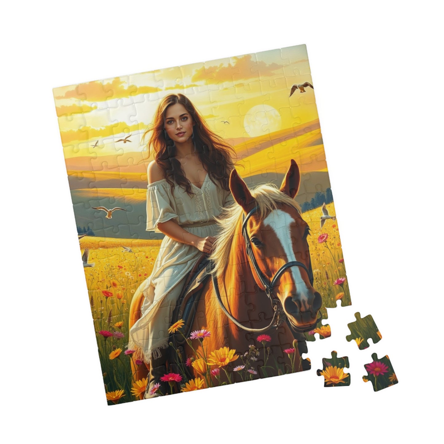 Woman on Horseback in Sunlit Wildflower Field Puzzle, Equestrian Horse Scene Jigsaw Game, Mindful Activity, Puzzle Animal and Art Lover Gift Puzzle The Puzzle Chest