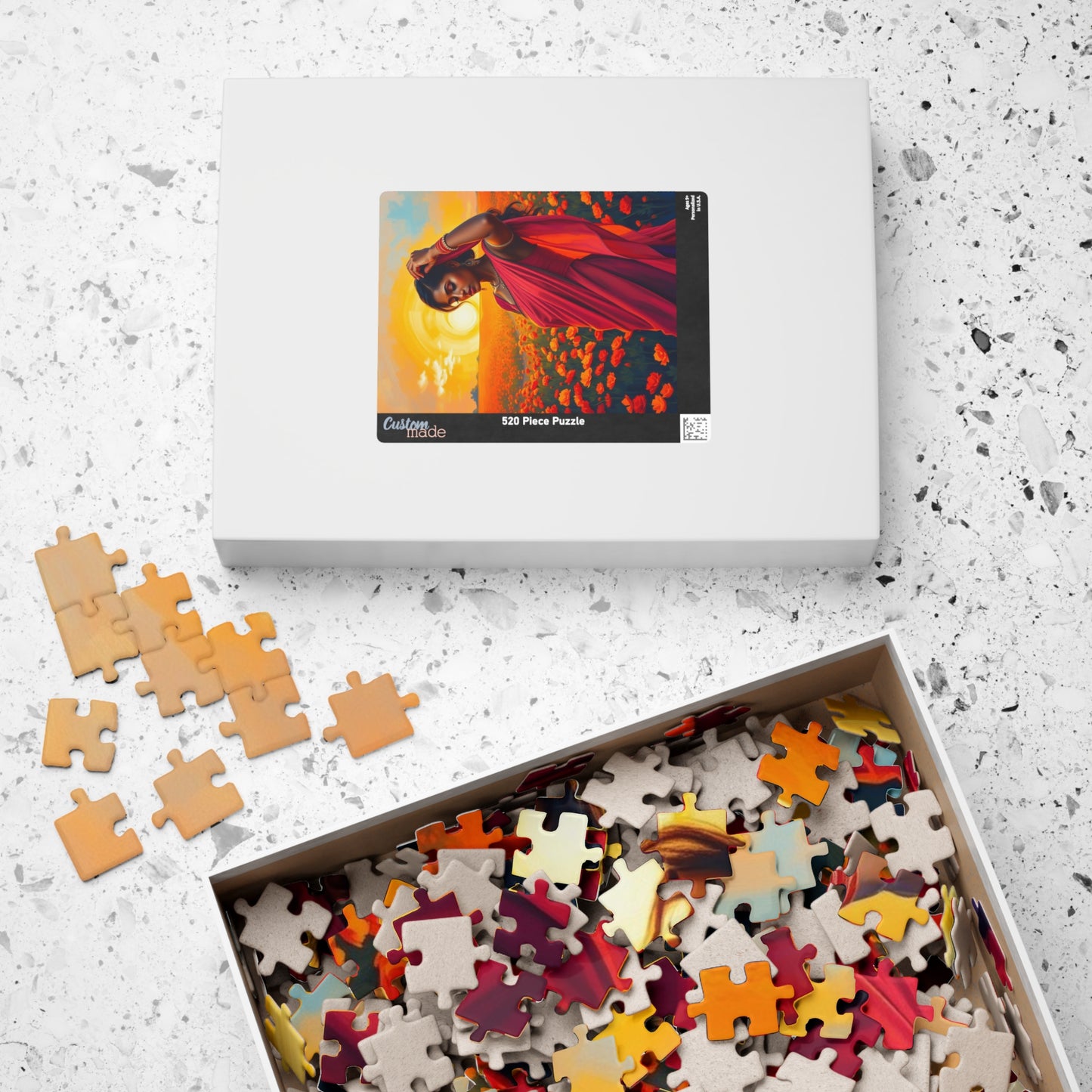 Jigsaw Puzzle, South Asian Woman in Marigold Field Sunset, 110 252 520 1014-Piece, Meditation Relaxation Activity, Mindfulness Gift, Ethnic Puzzle The Puzzle Chest