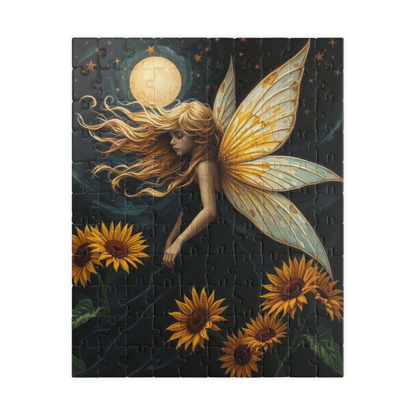 Moonlit Fairy in Sunflower Sky - Ethereal Fantasy Art Jigsaw Puzzle for Solo Fun, Unique Puzzle Lover Gift, Home Decor, Family Activity