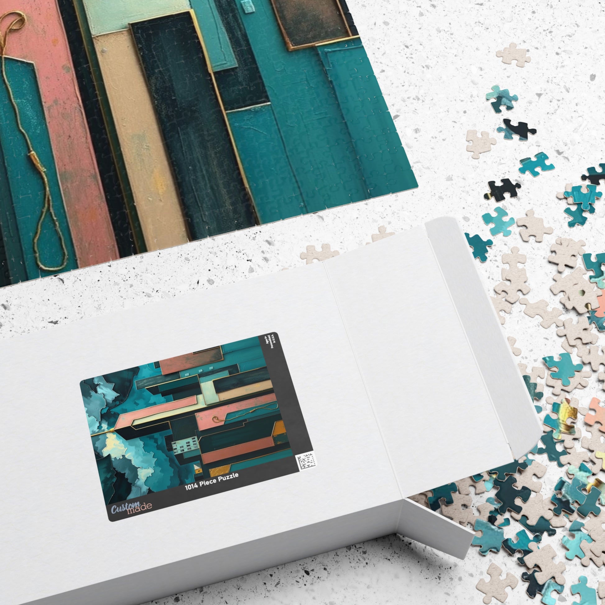 Abstract Cityscape Jigsaw Puzzle - Metallic Pastel Teal Geometric Shapes Puzzle The Puzzle Chest