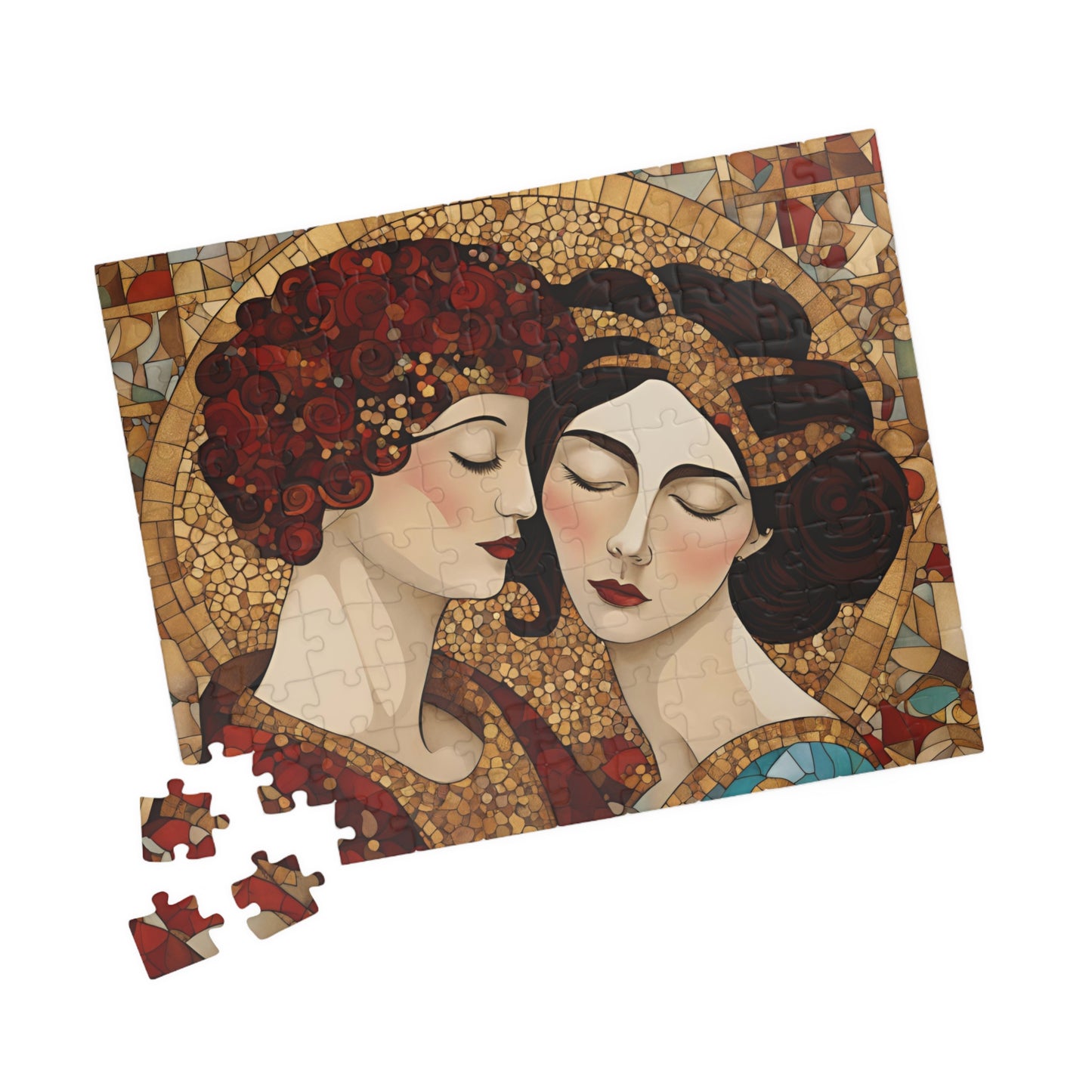 The Kiss Mosaic Jigsaw Puzzle, Klimt-inspired, Gold Accents Floral & Geometric Shapes Entwined Figures, Art Lover Gift Puzzle Enthusiast Puzzle The Puzzle Chest