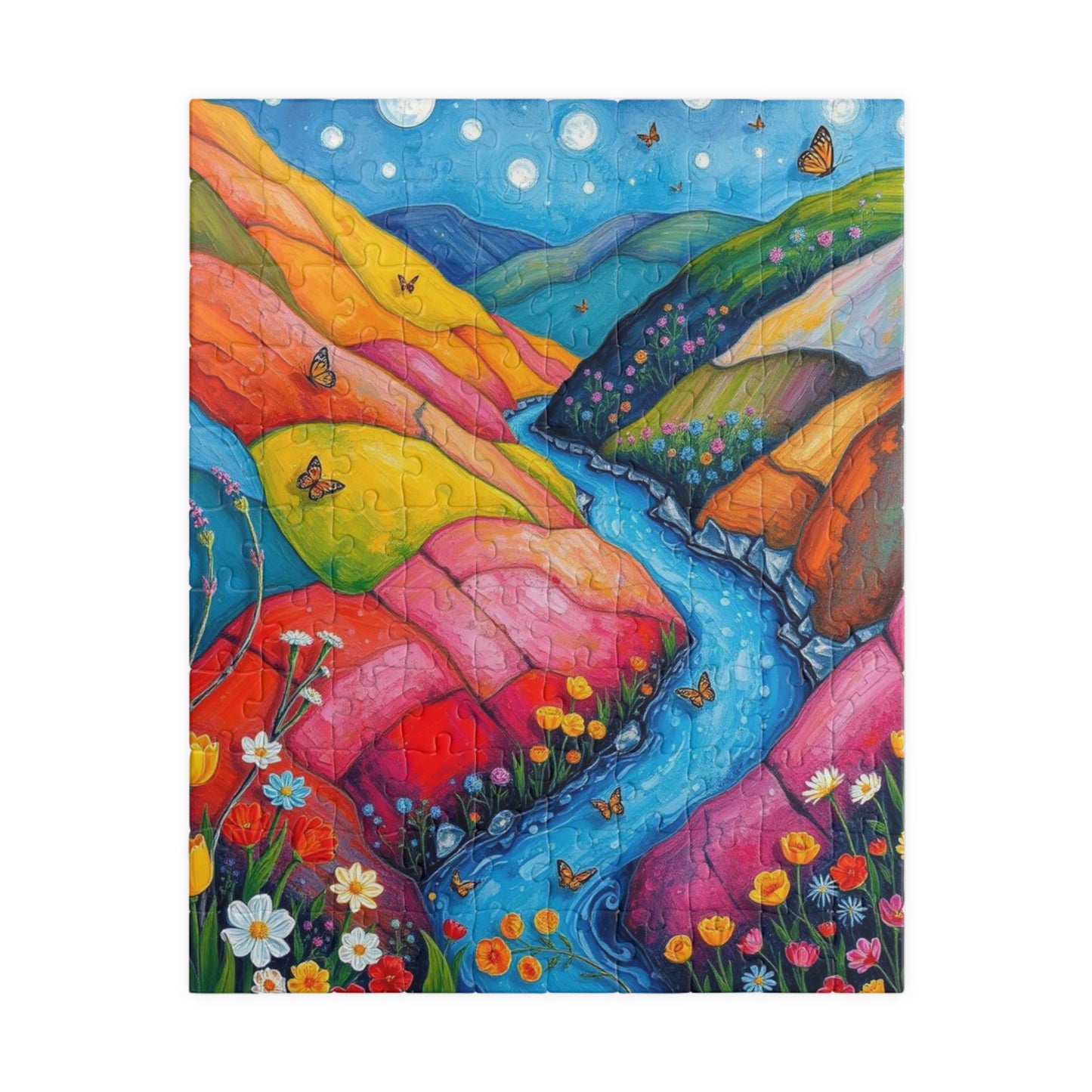 Meadow Stream Melody - River Through Candy Hill Jigsaw Puzzle Collection, Beautiful Nature Puzzle, Colorful Landscape Art, Puzzle Lover Gift, Family Fun, 110/252/520/1014 110 pcs (Vertical) Puzzle The Puzzle Chest