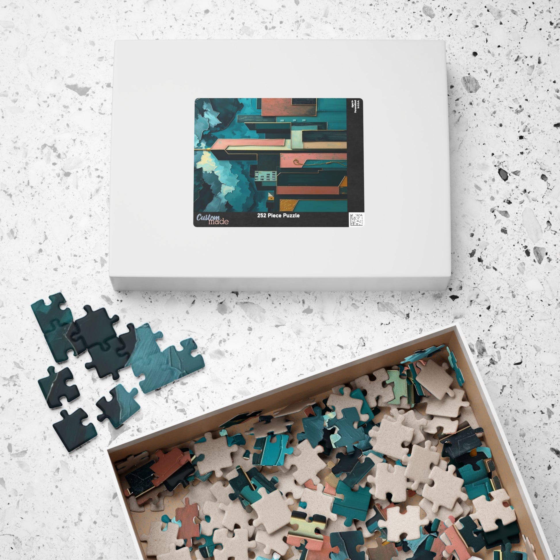 Abstract Cityscape Jigsaw Puzzle - Metallic Pastel Teal Geometric Shapes Puzzle The Puzzle Chest