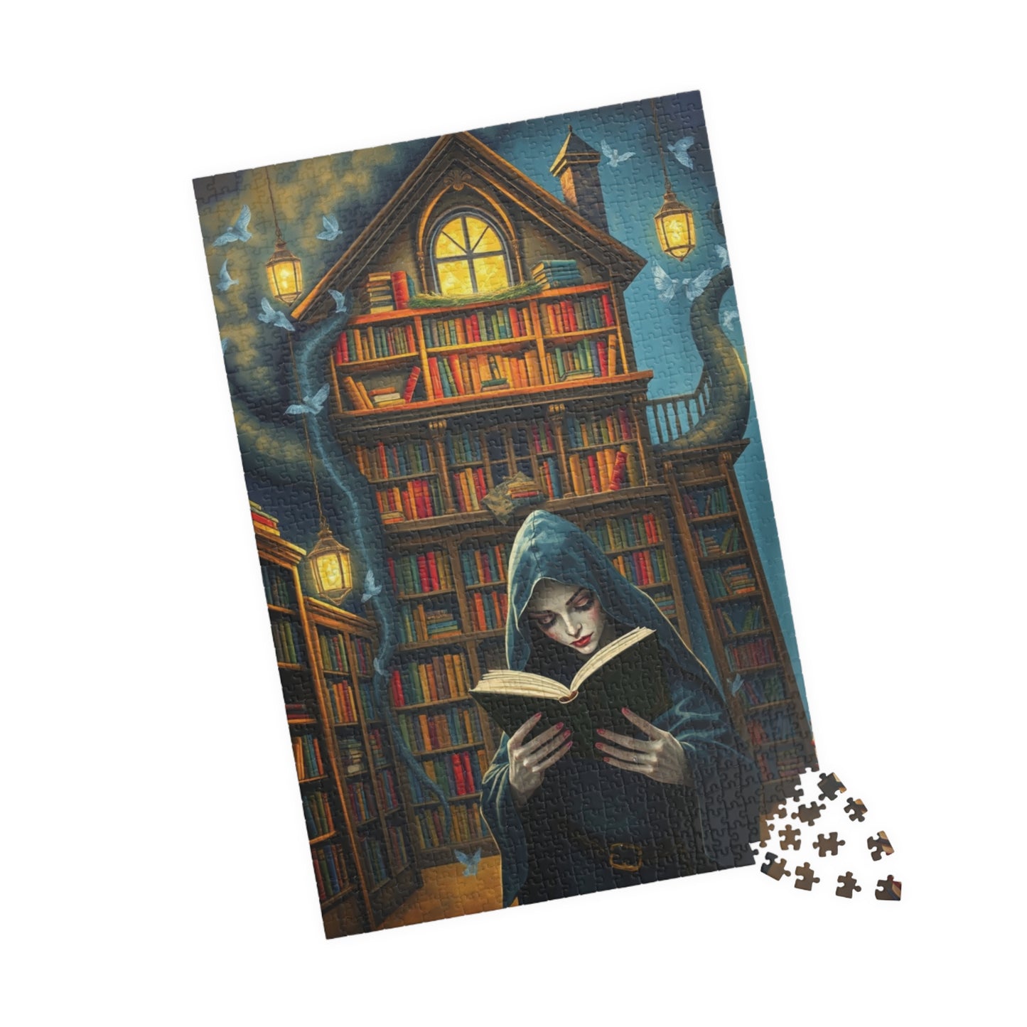 Gothic Bookstore Jigsaw Puzzle, Cloaked Figure Pale Skin Intense Eyes, Dark Fantasy Whimsical, Challenging Adult Tabletop Game, Giftable Puzzle The Puzzle Chest