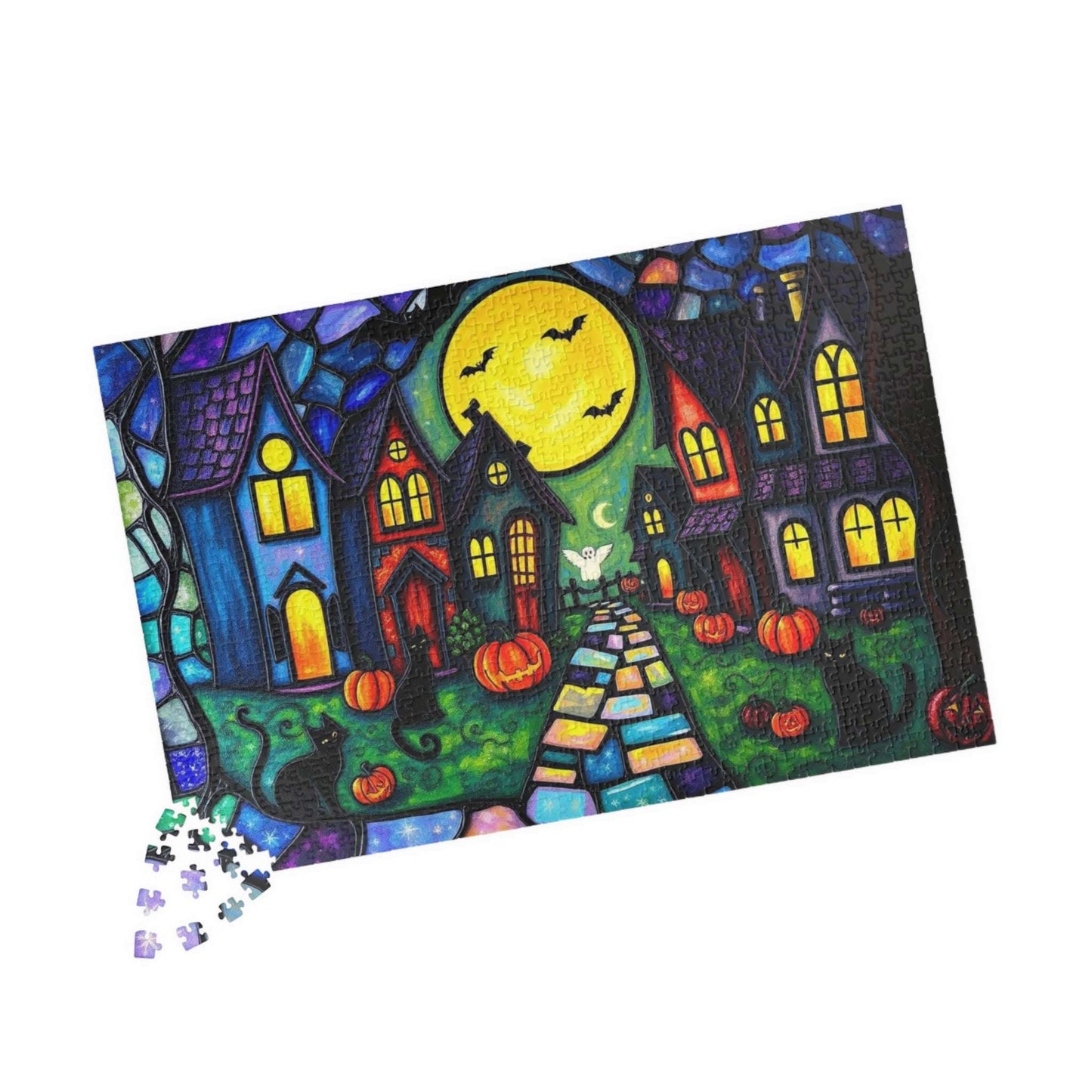 Halloween Puzzle for Adults - Spooky Village Black Cat Scene