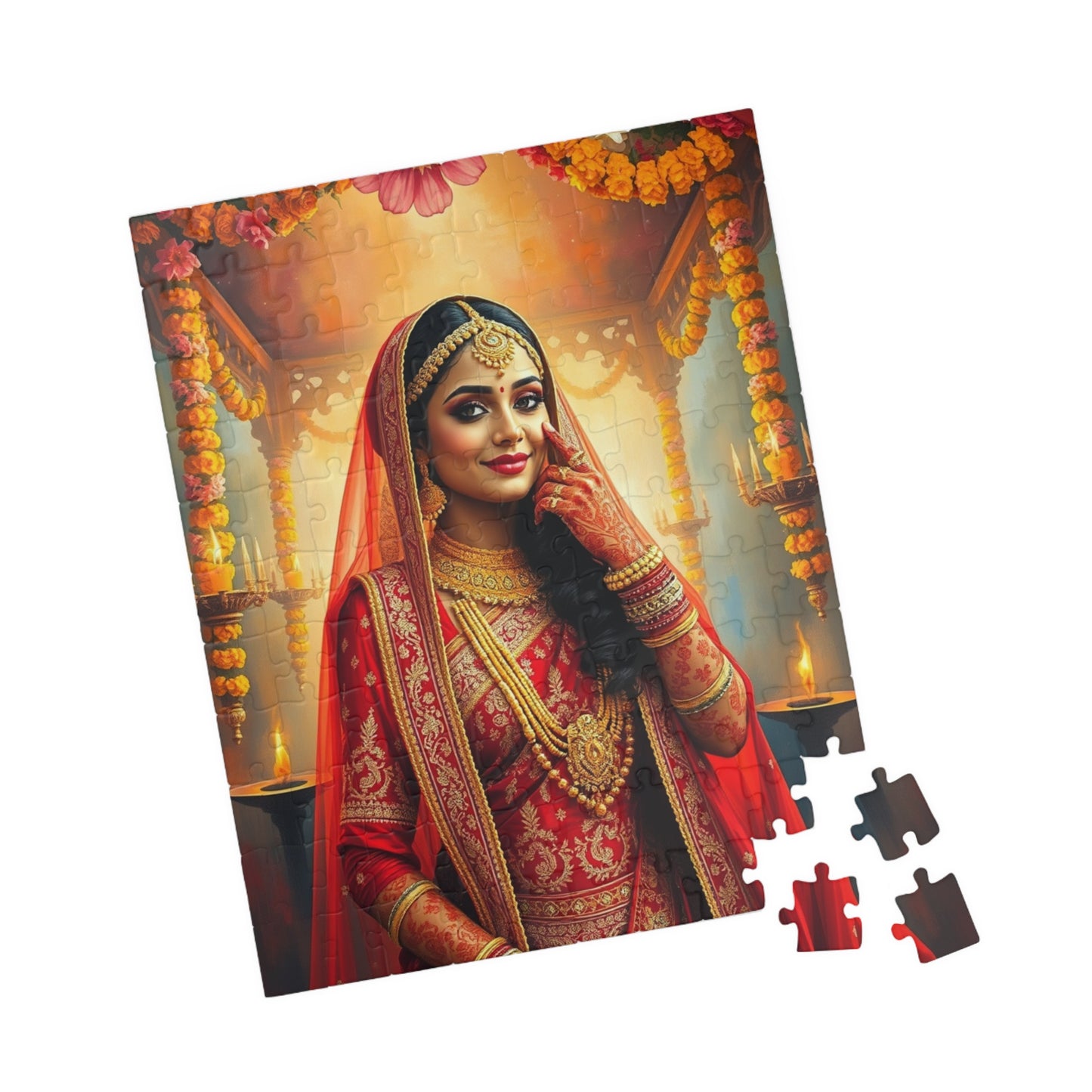 Puzzle, Indian Bride in Red and Gold Lehenga, Henna and Gold Jewelry, 520-Piece Jigsaw, Meditation, Relaxation, Mindfulness, Indian Wedding Puzzle The Puzzle Chest