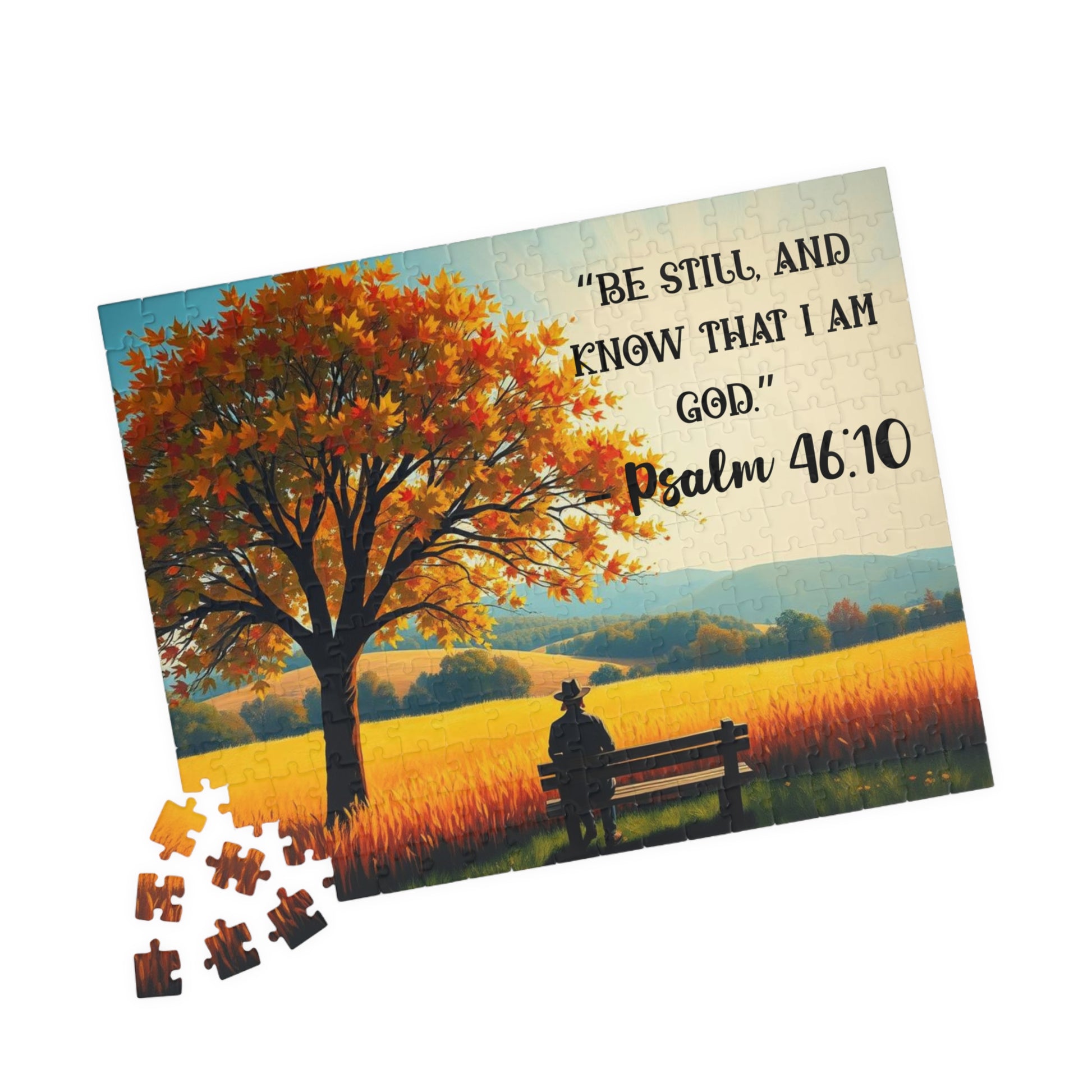 Faith and Stillness Jigsaw Puzzle – Serene Fall Landscape with Wheat Field and Bench, Bible Verse Psalm 46:10, Inspirational Gift for Friends 252 pcs (Horizontal) Puzzle The Puzzle Chest