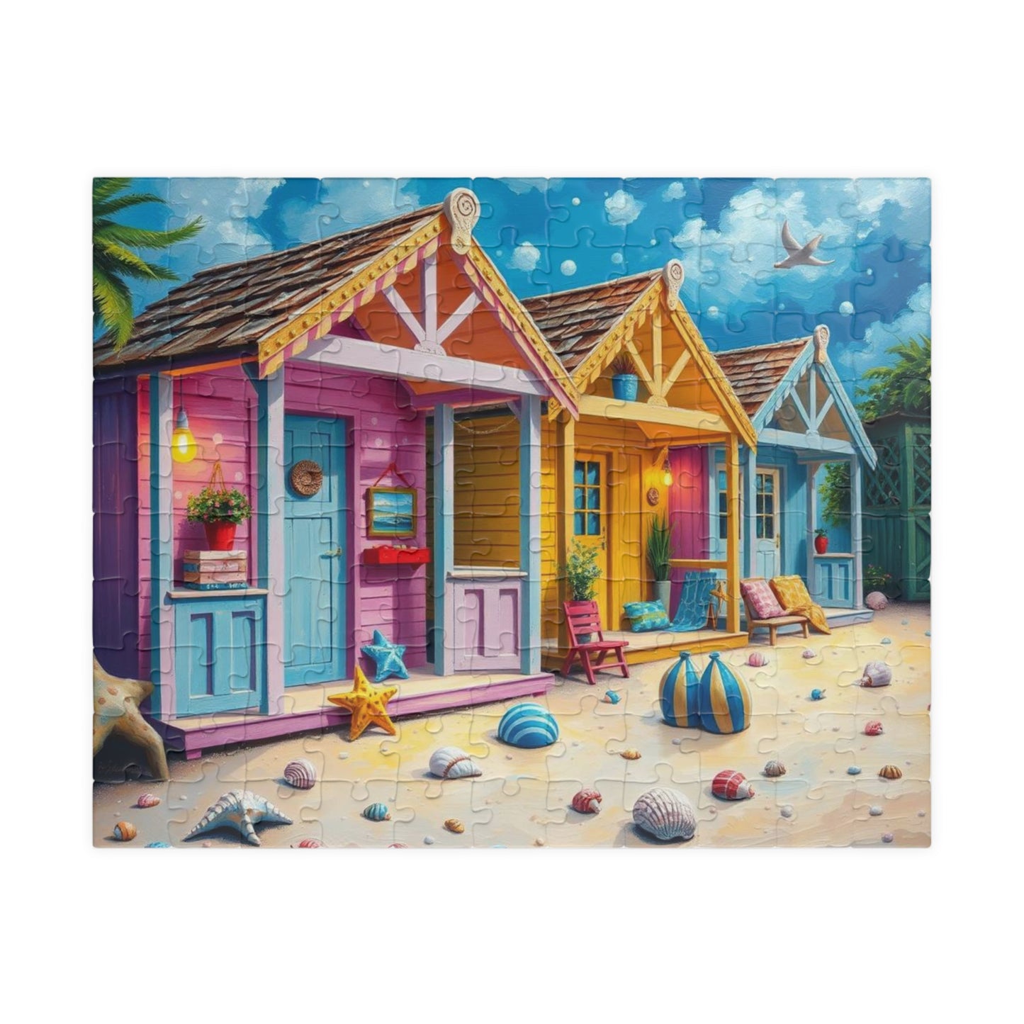 Beach Puzzle with Pastel Huts, Coastal Jigsaw Puzzle for Adult, 110-1014 Pieces Seaside Puzzle Fun Family Game, Friend Gift for Puzzle Lover 110 pcs (Horizontal) Puzzle The Puzzle Chest