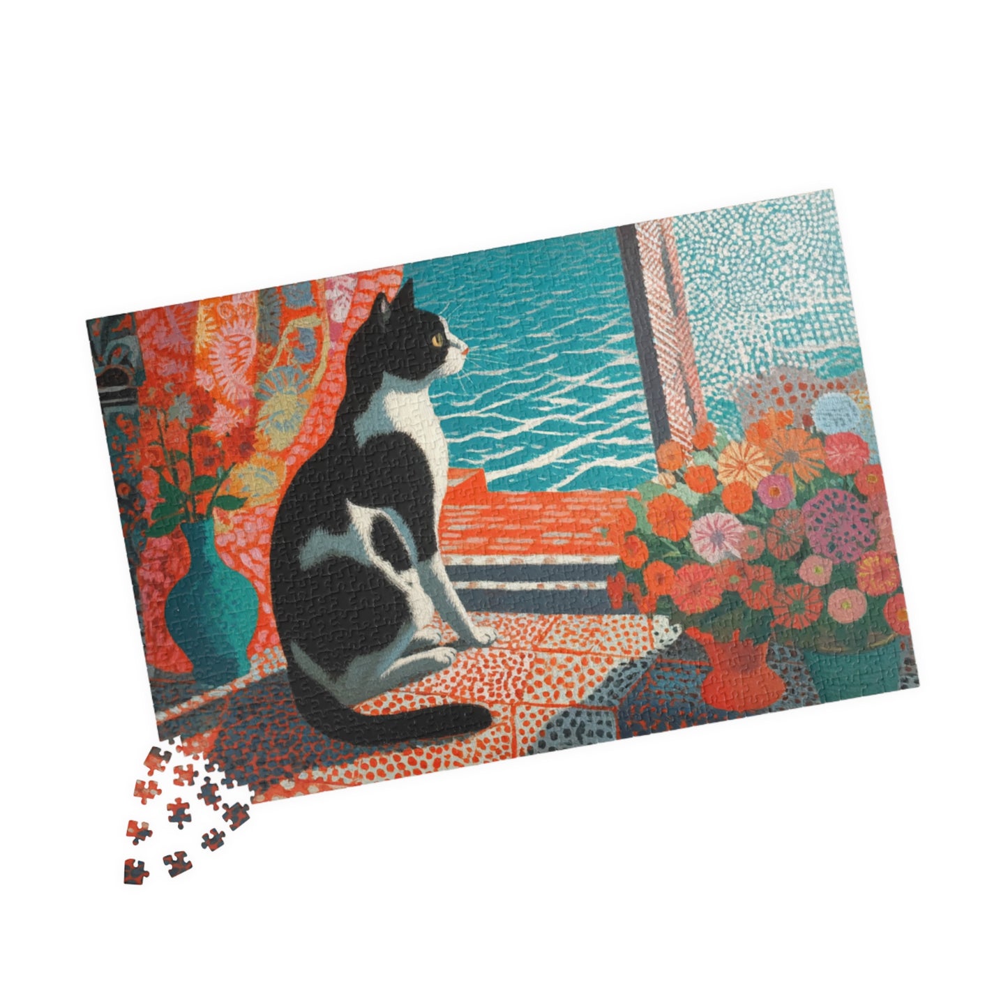 Cat by the Open Window – Fauvist Interior Cat Jigsaw Puzzle, Animal Theme Seaside Art Puzzle, Matisse-Inspired 1014 pcs (Horizontal) Puzzle The Puzzle Chest