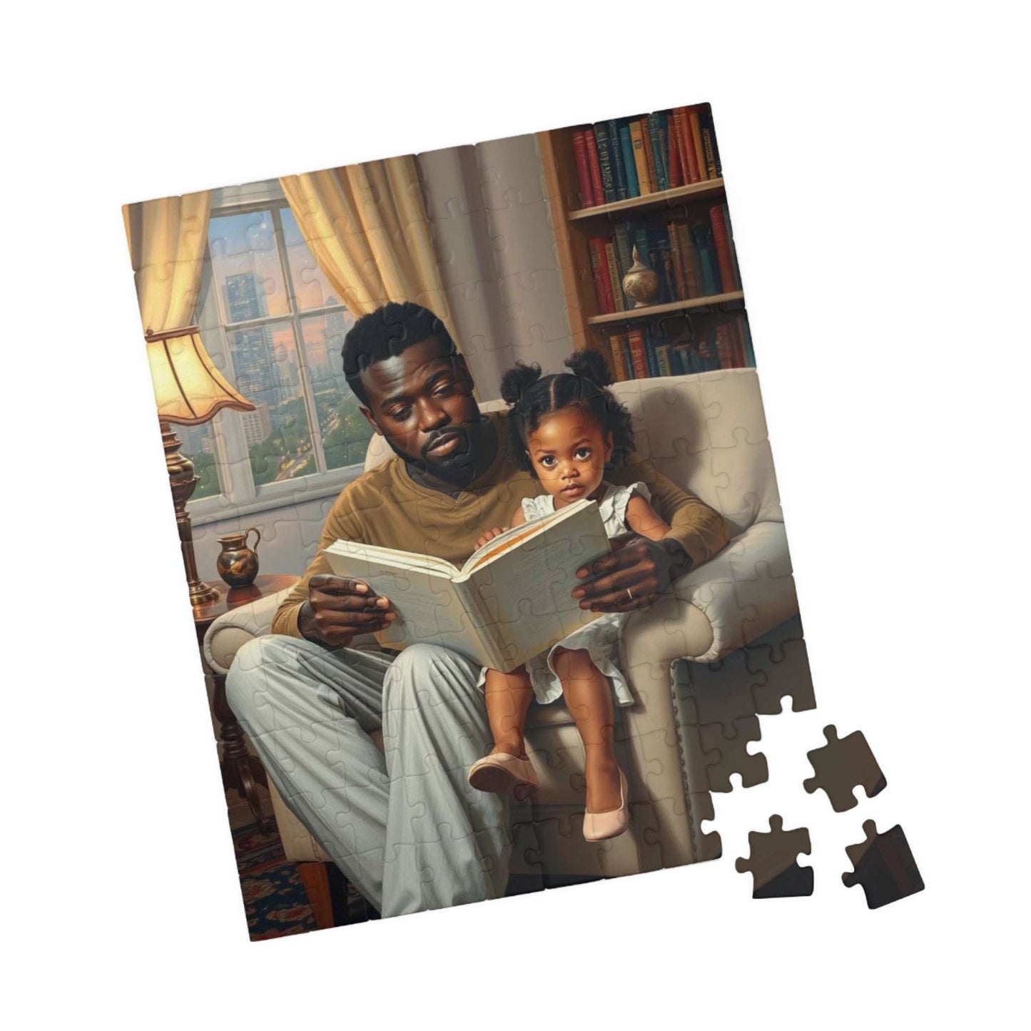 Black Family Reading Jigsaw Puzzle - African American Father and Daughter Heartwarming Scene, Afrocentric Art 110 pcs (Vertical) Puzzle The Puzzle Chest