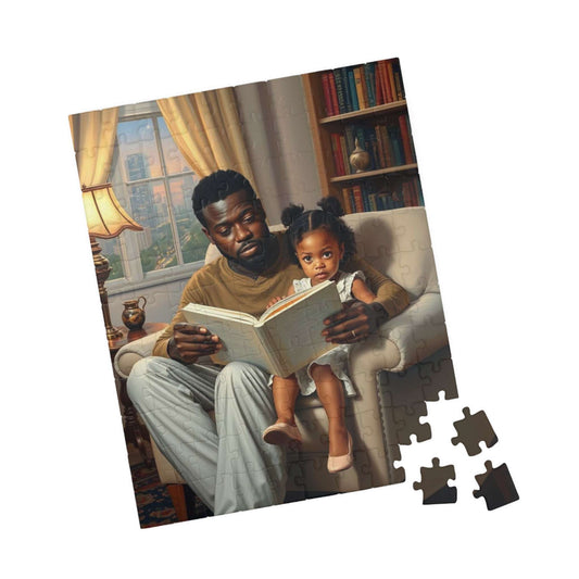 Black Family Reading Jigsaw Puzzle - African American Father and Daughter Heartwarming Scene, Afrocentric Art 110 pcs (Vertical) Puzzle The Puzzle Chest