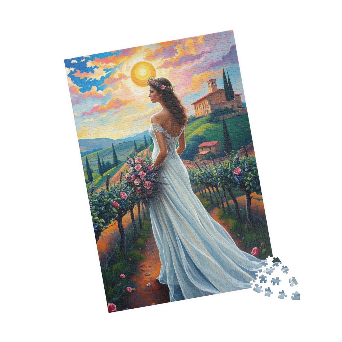 Whimsical Italian Bride Jigsaw Puzzle, White Gown Floral Crown Rose Bouquet, Tuscan Vineyard Romantic Wedding, Modern Art Lover Unique Gift Puzzle The Puzzle Chest
