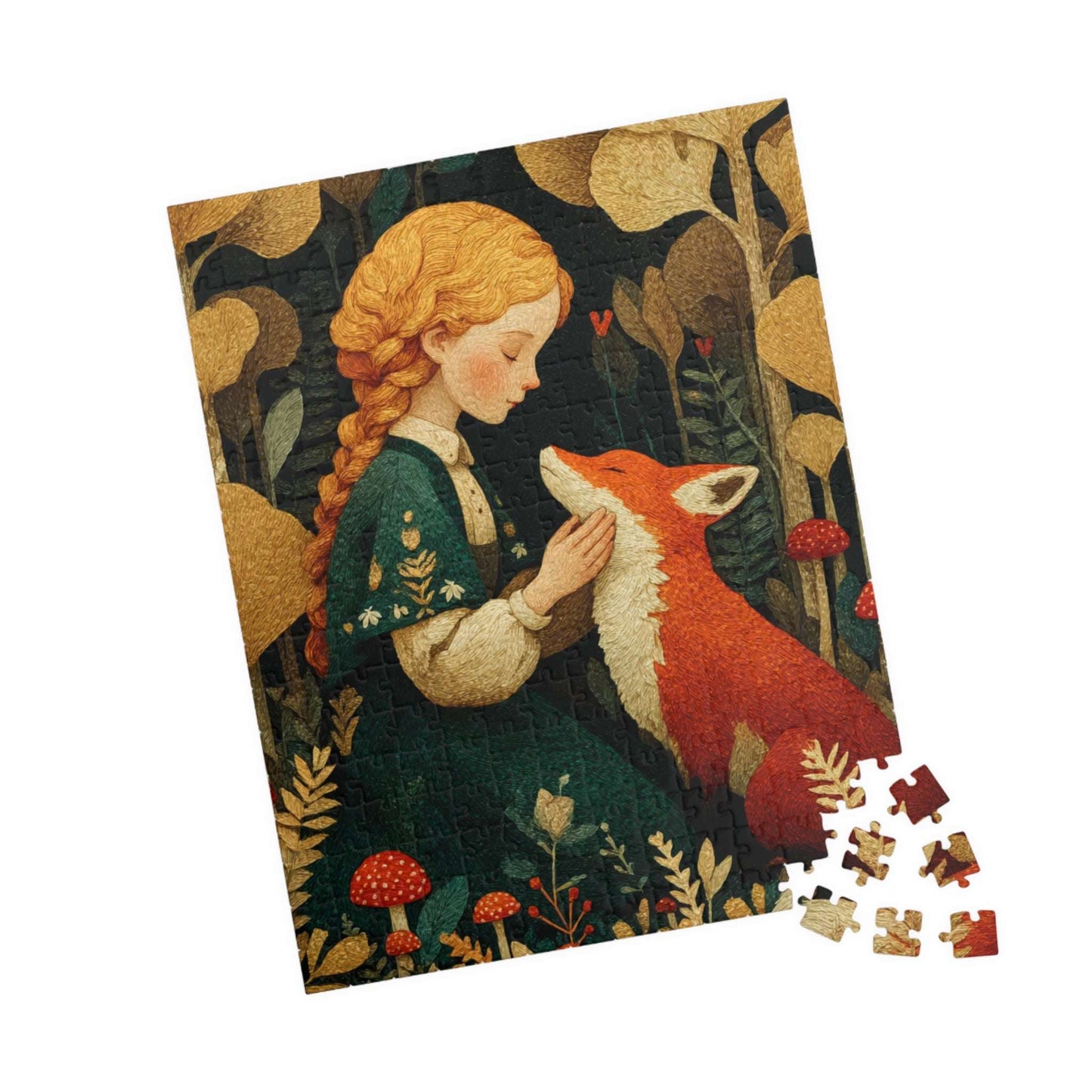 Woodland Clearing Jigsaw Puzzle – Red Fox, Girl in Green Dress, Autumn Forest Scene 252 pcs (Vertical) Puzzle The Puzzle Chest