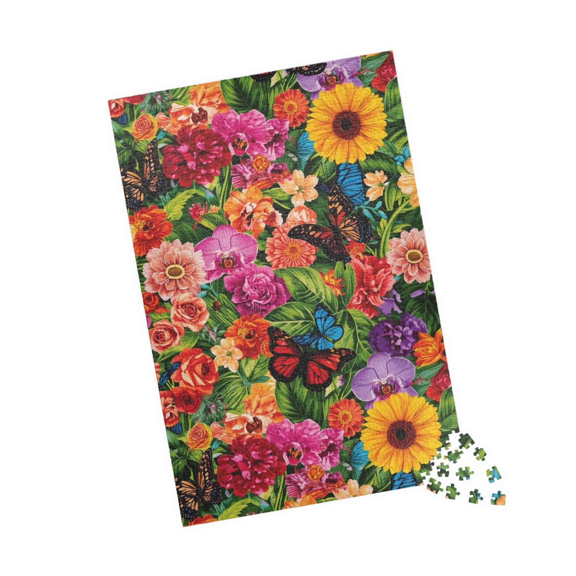 Garden Collage Jigsaw Puzzle – Overlapping Flowers, Butterflies, and Green Leaves in a Vibrant Nature Puzzle 1014 pcs (Vertical) Puzzle The Puzzle Chest