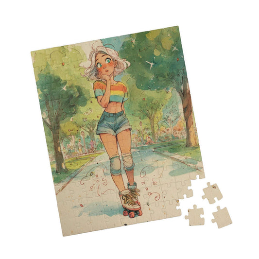 Funny Roller Skating Cartoon Puzzle for Teens and Adults – Woman Skating Summer Park Scene, Whimsical Watercolor Style 110 pcs (Vertical) Puzzle The Puzzle Chest