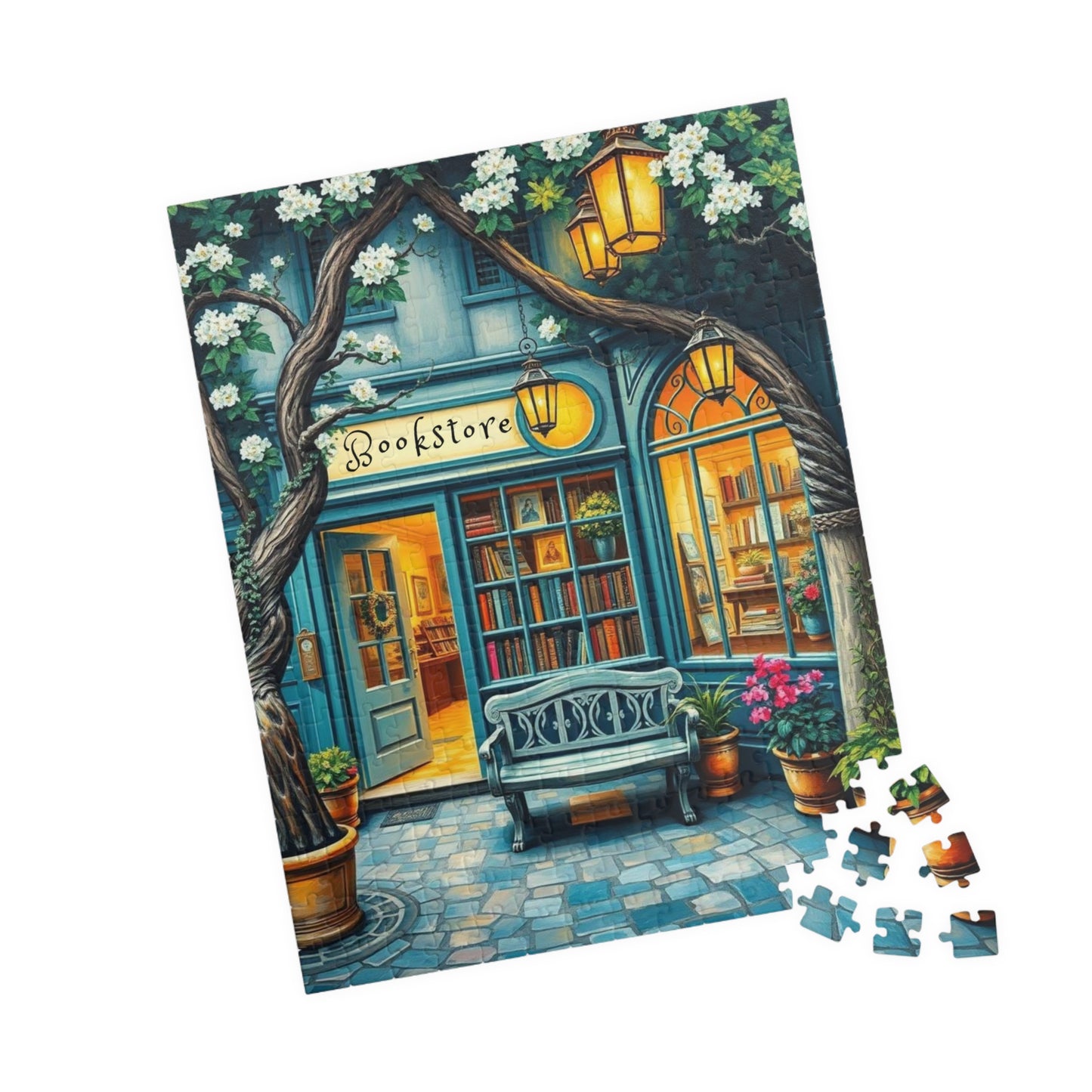 Artistic Bookstore Jigsaw Puzzle – Teal Facade and Garden Bench, Game for Book Lovers 252 pcs (Vertical) Puzzle The Puzzle Chest