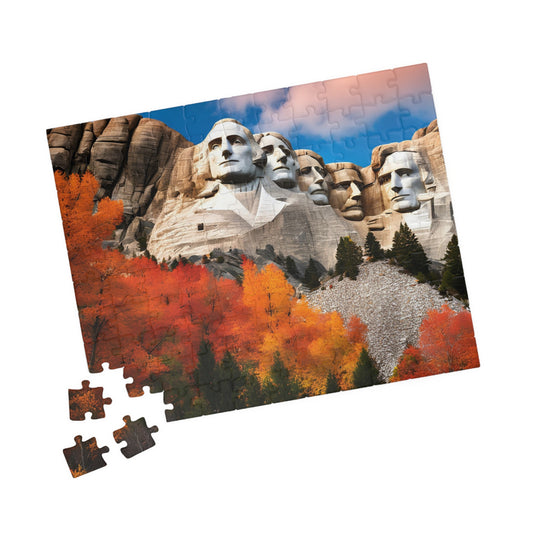 Fall Themed Mount Rushmore Jigsaw Puzzle with Autumn Leaves, Famous U.S. President South Dakota Landmark, Family Friendly Puzzle Lover Gift 110 pcs (Horizontal) Puzzle The Puzzle Chest