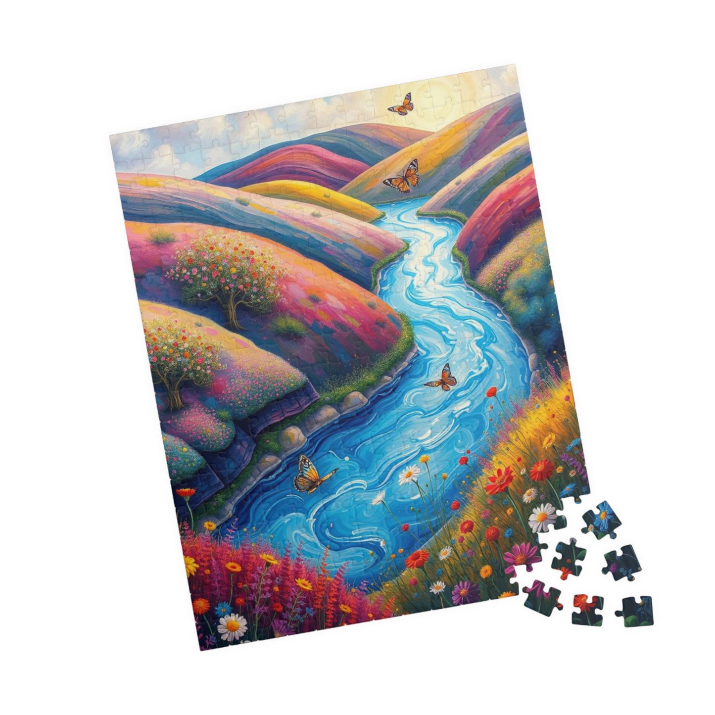 Valley Whispers - River Through Candy Hill Jigsaw Puzzle Collection, Beautiful Nature Puzzle, Colorful Landscape Art, Puzzle Lover Gift, Family Fun, 110/252/520/1014 252 pcs (Vertical) Puzzle The Puzzle Chest